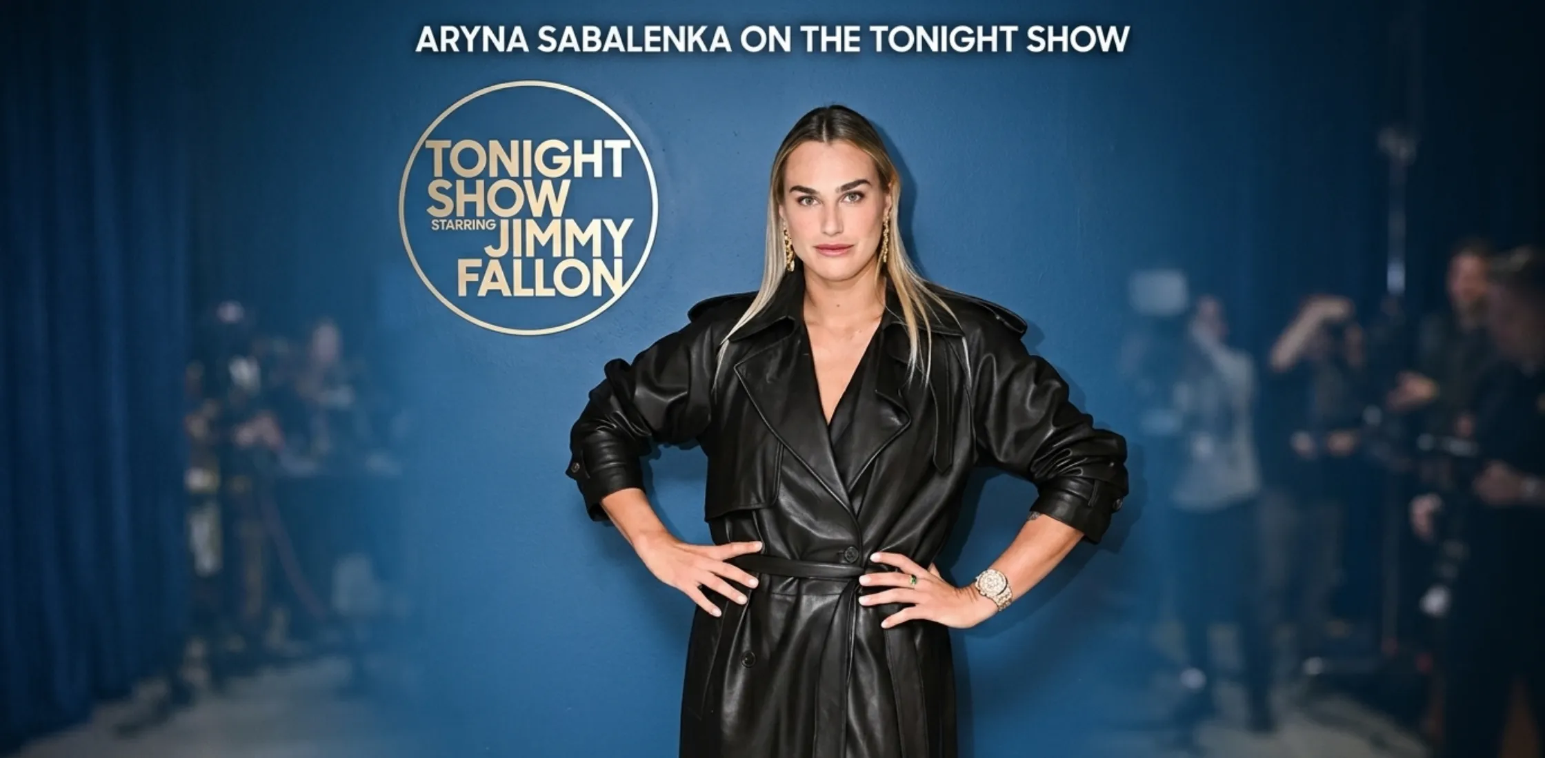 Aryna Sabalenka The Tonight Show Season 13 Black Leather Trench Coat with Double-Breasted Design and Waist Belt
