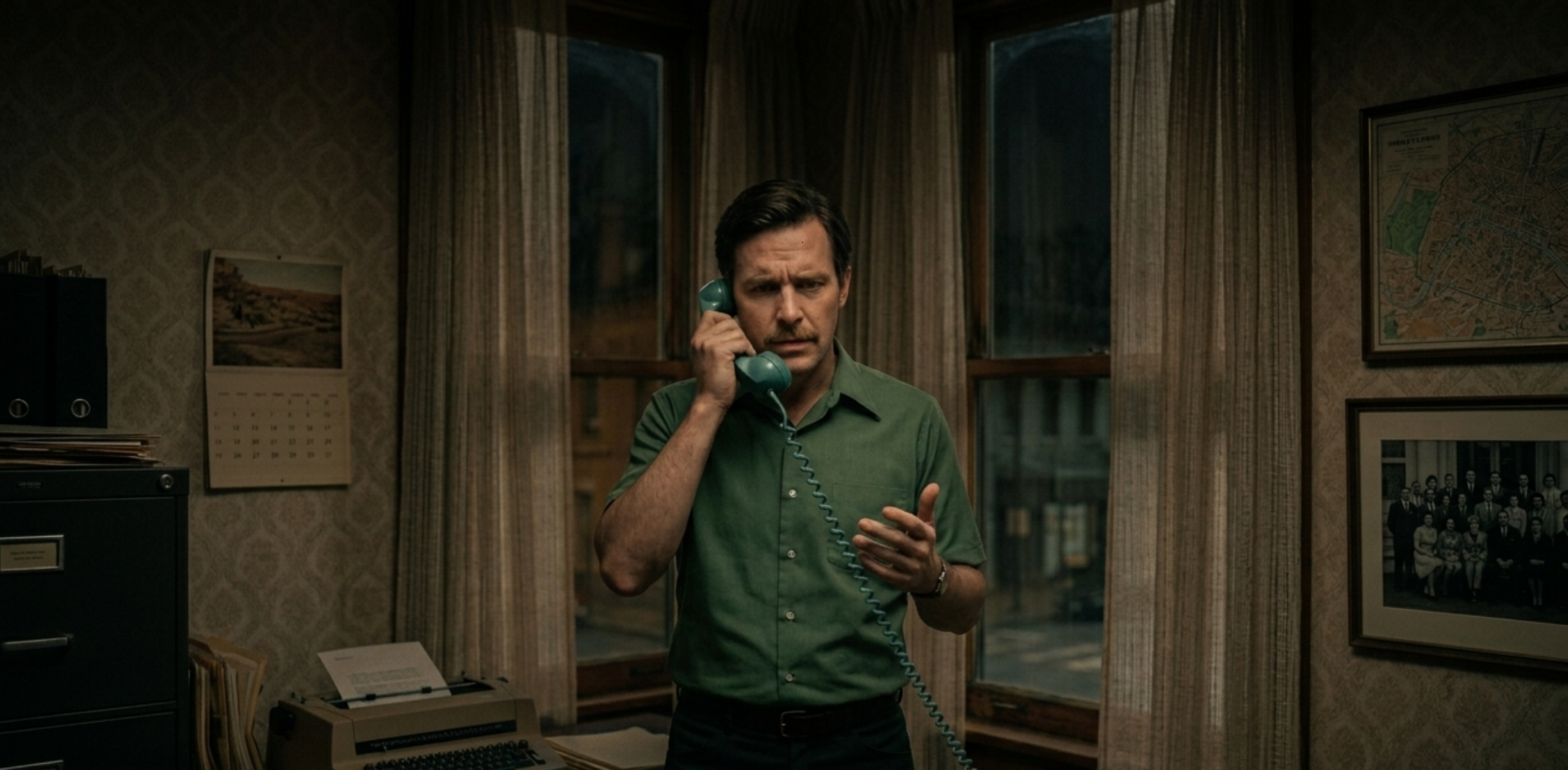 Bill Skarsgård Dead Man’s Wire sage green short-sleeve button-up shirt with relaxed fit and minimalist cinematic style