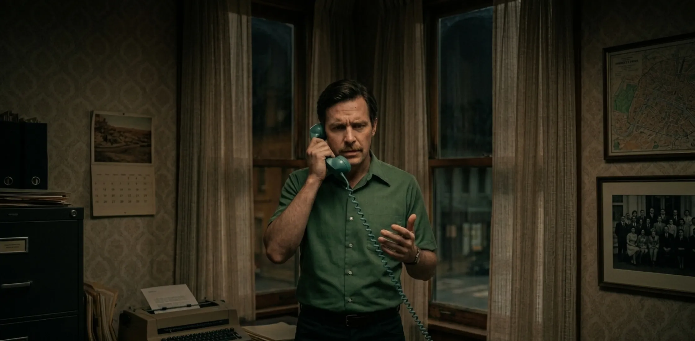 Bill Skarsgård Dead Man’s Wire sage green short-sleeve button-up shirt with relaxed fit and minimalist cinematic style