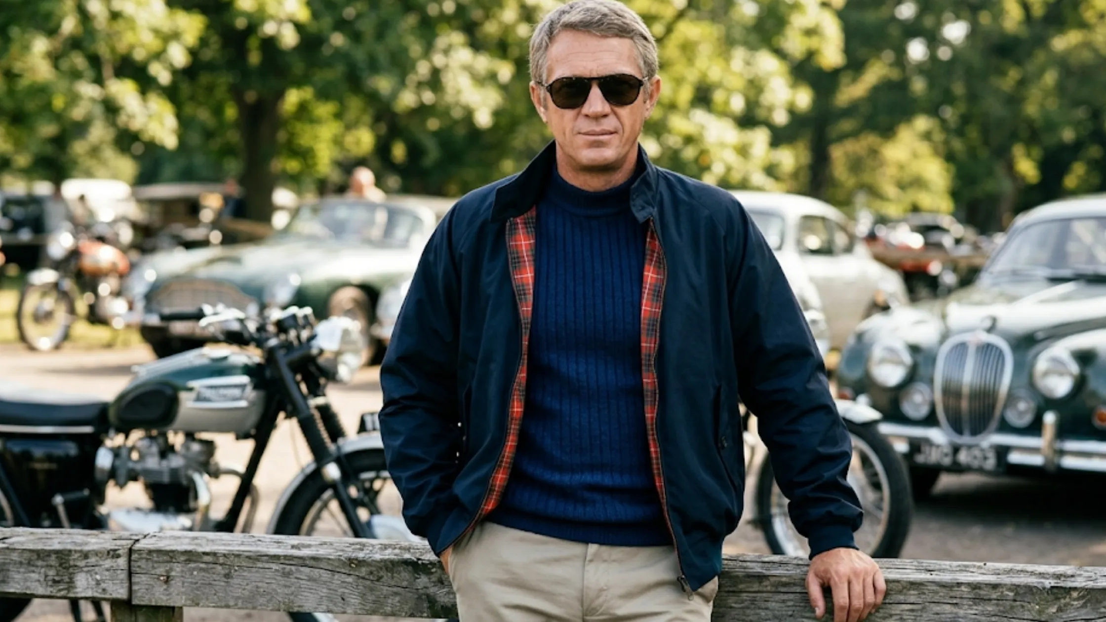 Steve McQueen navy blue Harrington jacket with double-button collar, raglan sleeves, tartan lining, and racing-inspired bomber design