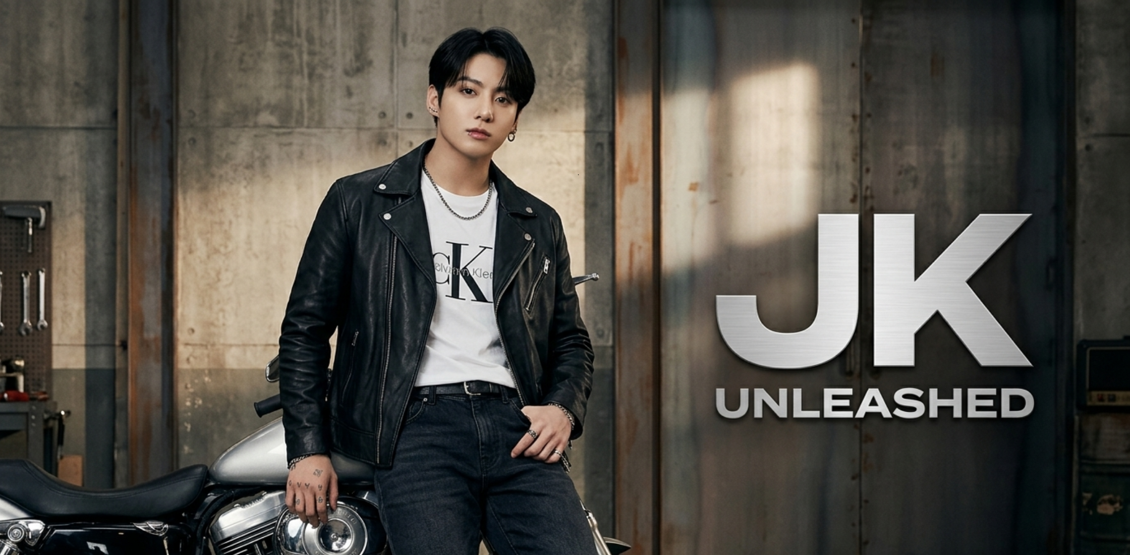 Jung Kook BTS CKJK Capsule Collection black leather jacket with chest branding and pointed collar