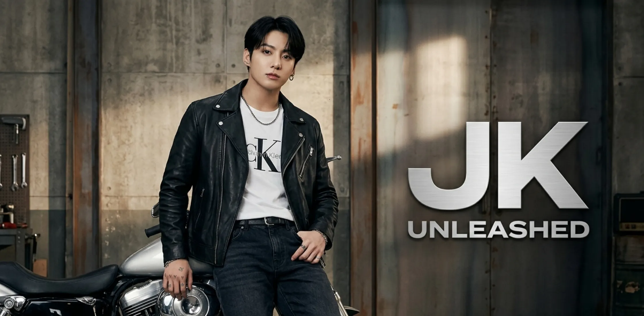 Jung Kook BTS CKJK Capsule Collection black leather jacket with chest branding and pointed collar