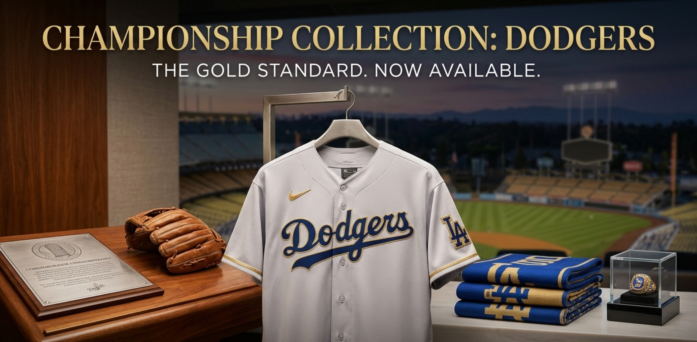 Los Angeles Dodgers 2026 White Gold Collection Jersey with Metallic Gold Outlined Blue Script