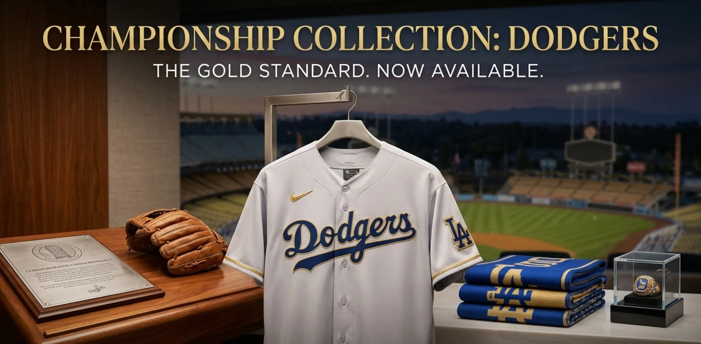 Los Angeles Dodgers 2026 White Gold Collection Jersey with Metallic Gold Outlined Blue Script