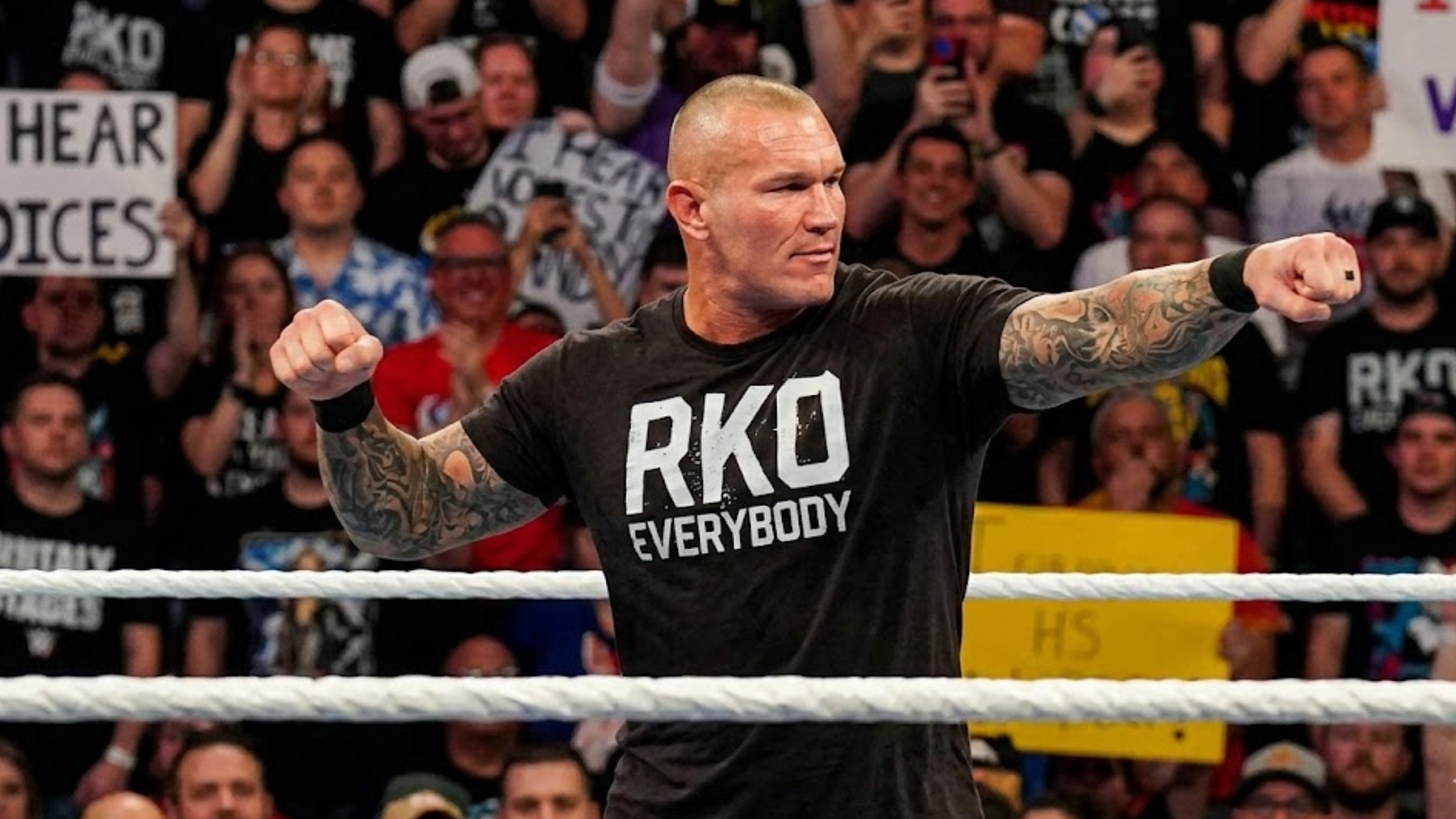 Randy Orton RKO Everybody black graphic T-shirt with distressed white lettering, crew neck, and short sleeves