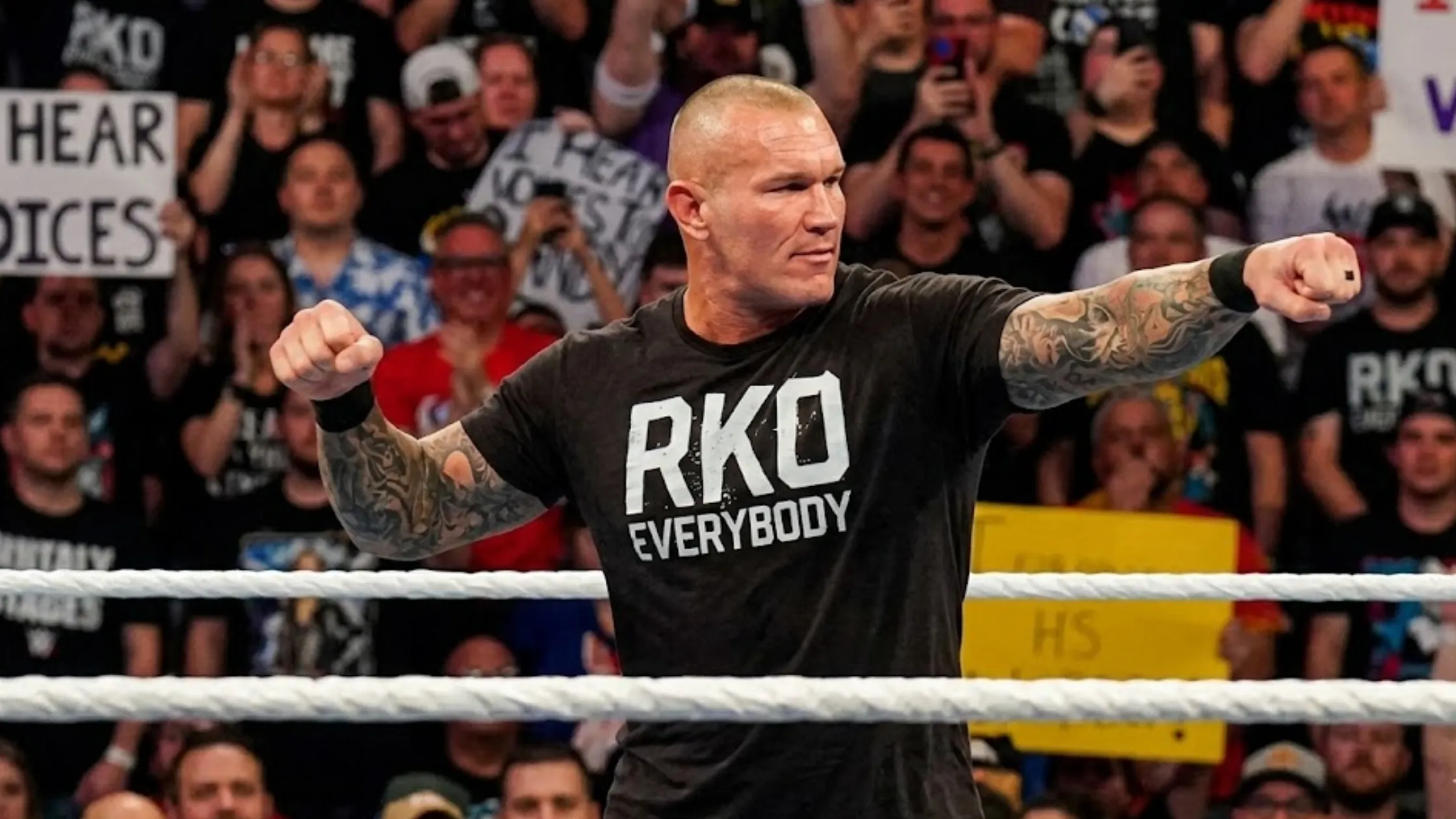 Randy Orton RKO Everybody black graphic T-shirt with distressed white lettering, crew neck, and short sleeves