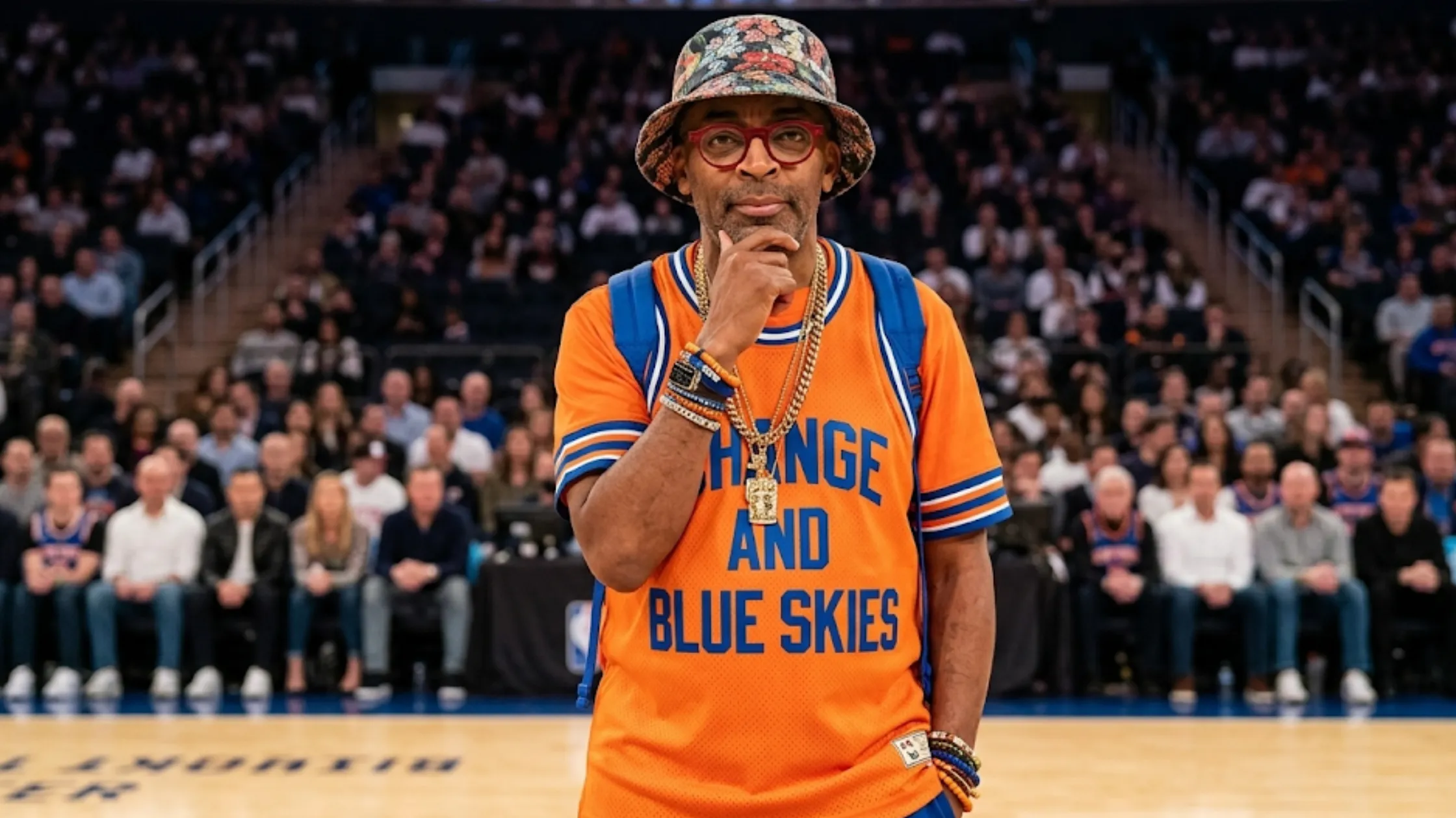 Spike Lee Cleveland Cavaliers vs New York Knicks orange T-shirt with Orange and Blue Skies graphic, striped ribbed collar, and athletic fit