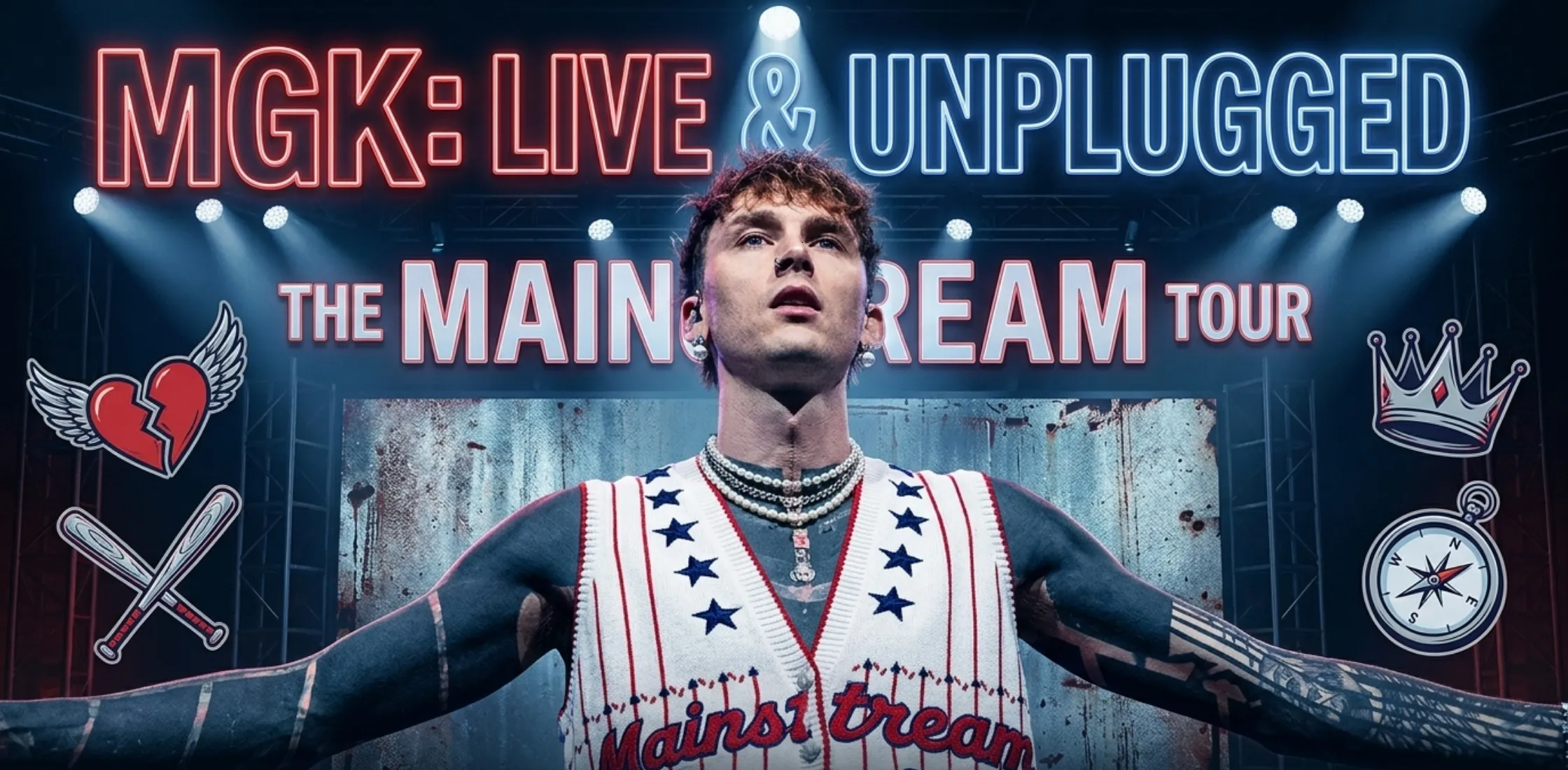 MGK Lost Americana Tour 2025 Indians Embroidered White Vest with Red Pinstripes and Navy Star Accents