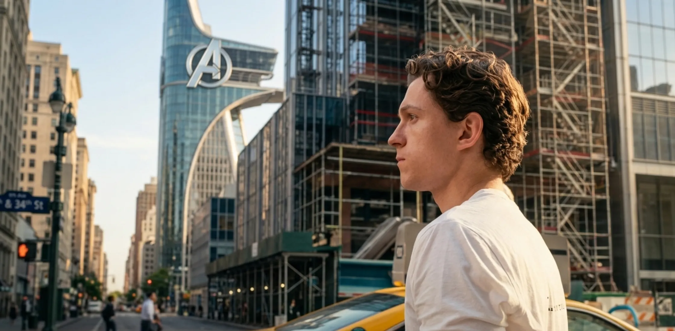 SPIDER-MAN Brand New Day Tom Holland White Crew Neck T-Shirt with Aston Martin Style Sponsor Logo Back Print