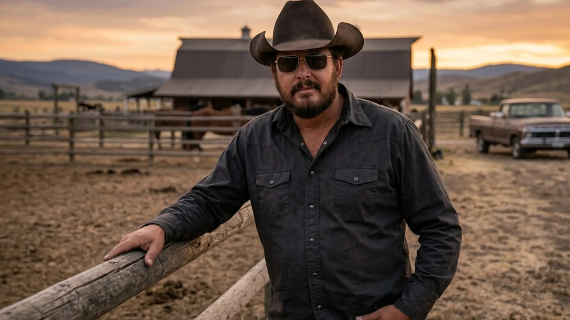 Dutton Ranch S01 Cole Hauser black Western shirt with snap button closure, curved yoke panels, flap chest pockets, and long sleeves