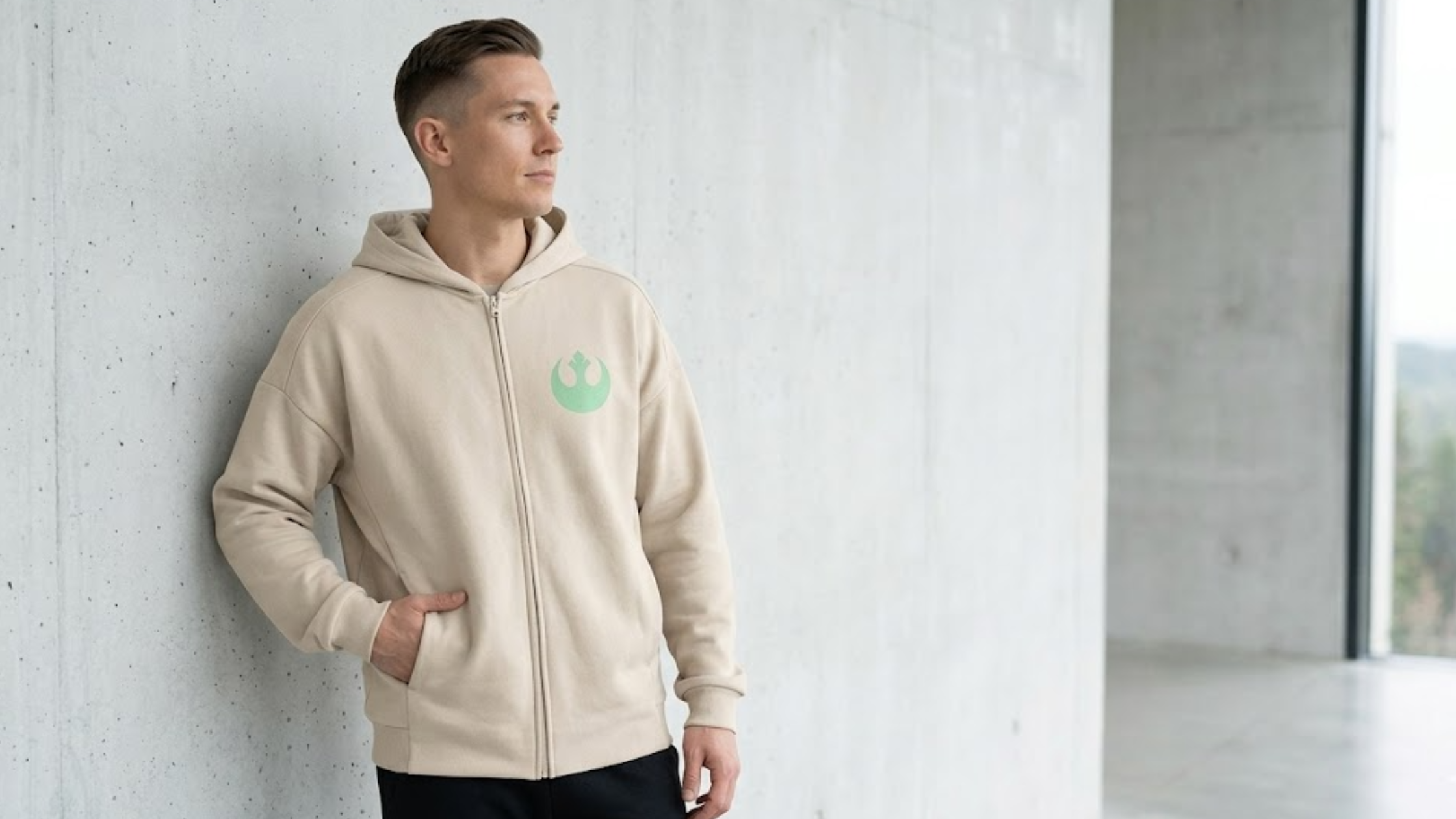 Star Wars The Mandalorian and Grogu beige zip-up hooded jacket with Rebel Alliance chest logo, Grogu back graphic, and oversized fit