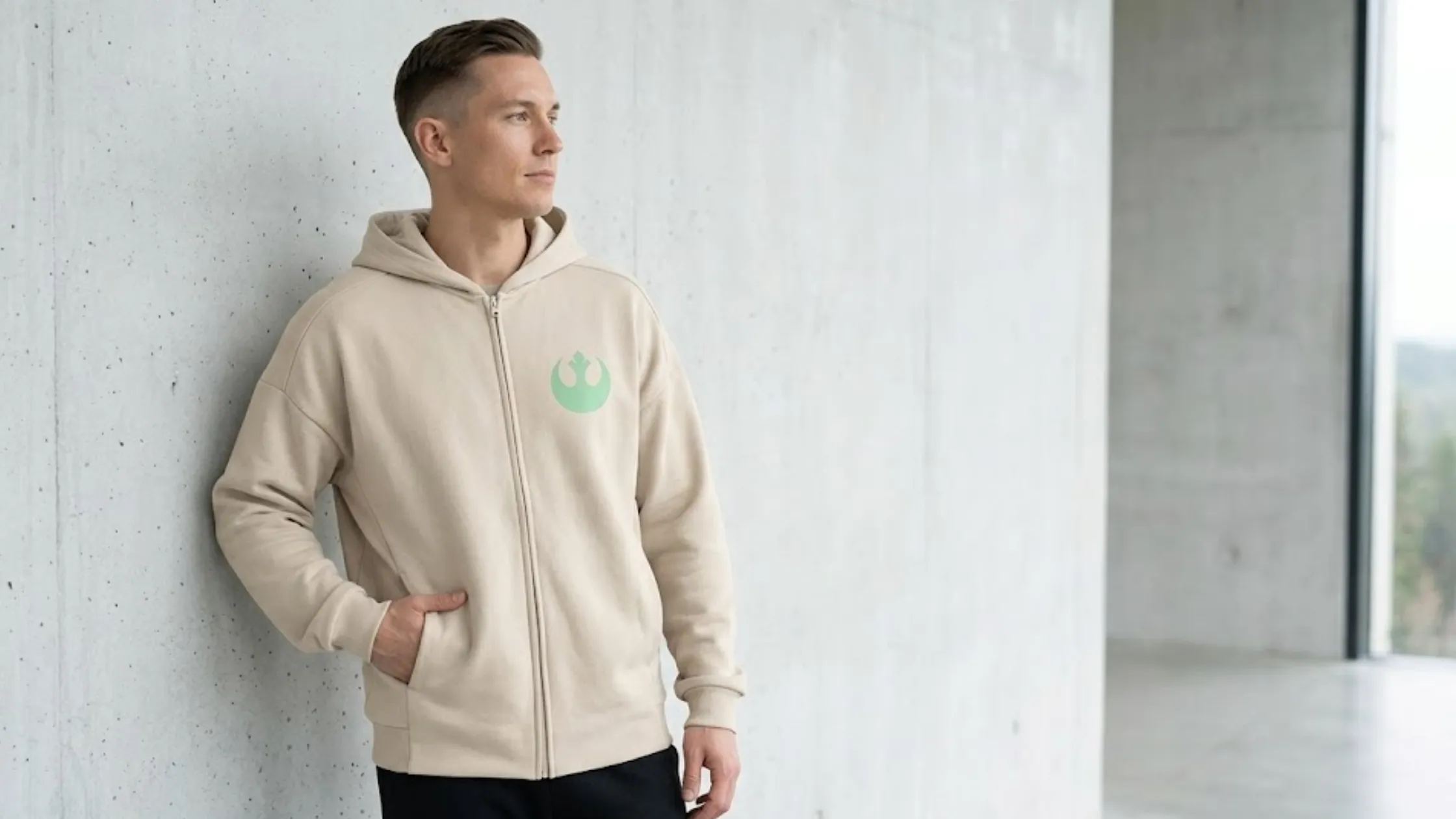 Star Wars The Mandalorian and Grogu beige zip-up hooded jacket with Rebel Alliance chest logo, Grogu back graphic, and oversized fit