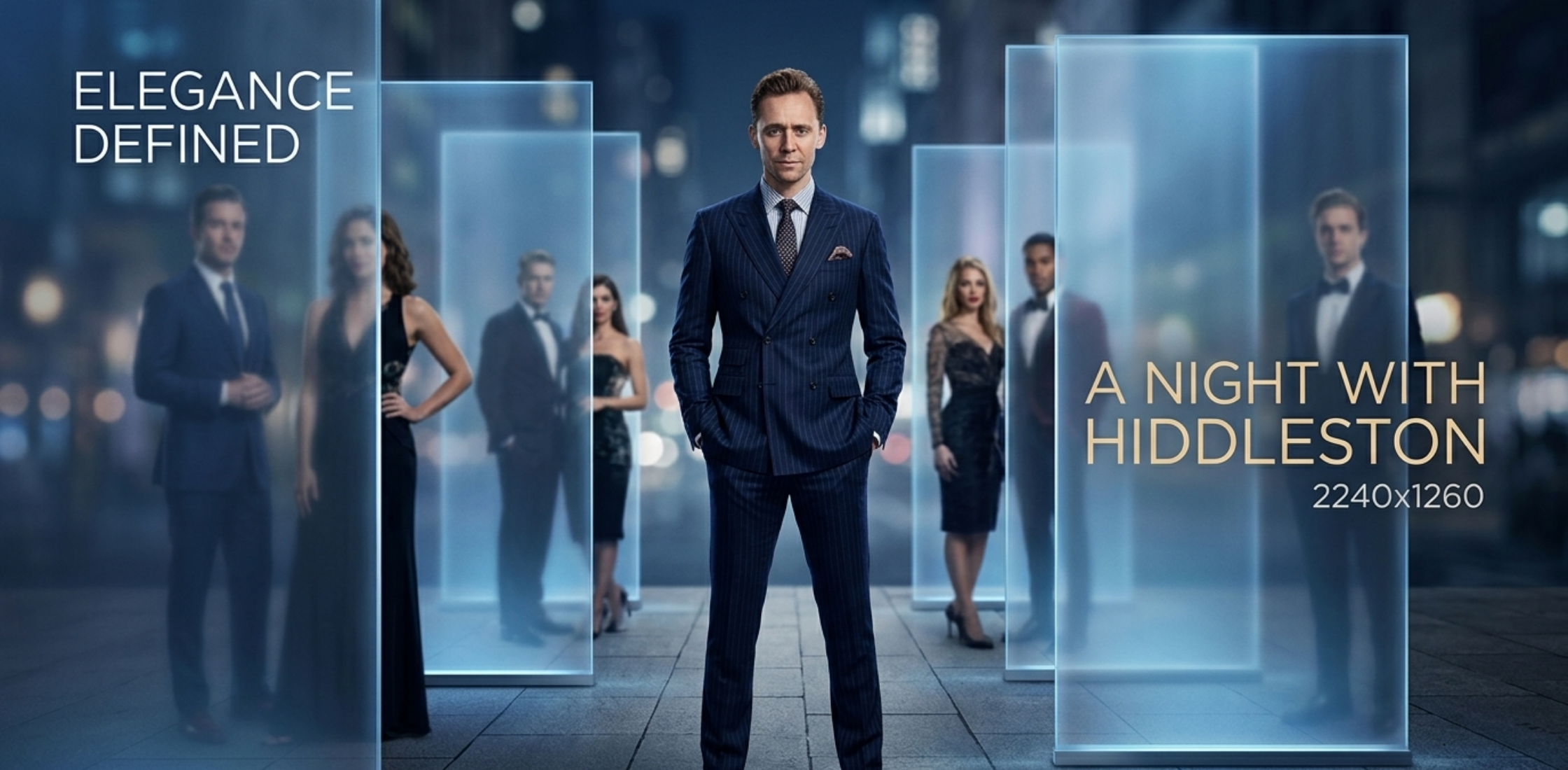Tom Hiddleston New York City 2026 navy blue pinstripe suit with double-breasted blazer, peak lapels, and tailored trousers