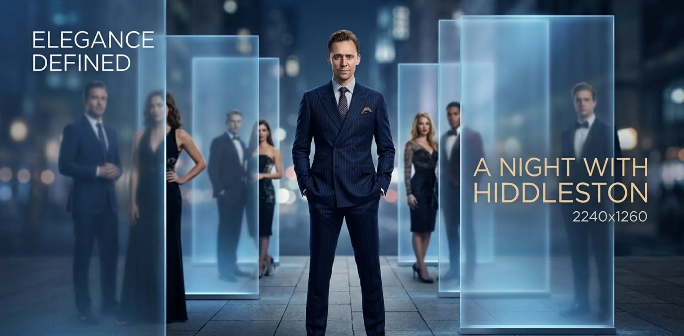 Tom Hiddleston New York City 2026 navy blue pinstripe suit with double-breasted blazer, peak lapels, and tailored trousers