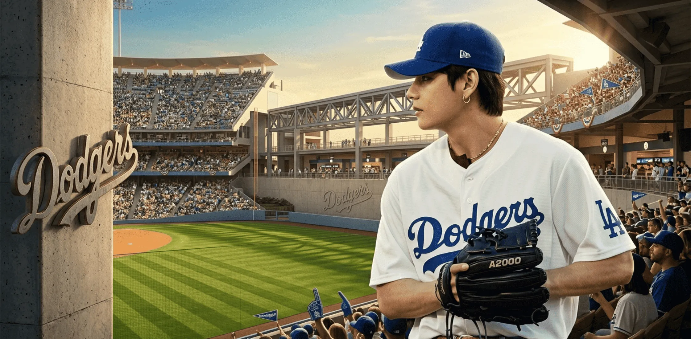 Kim Taehyung Dodgers white baseball jersey with blue script logo, red front number, and V number 7 back design