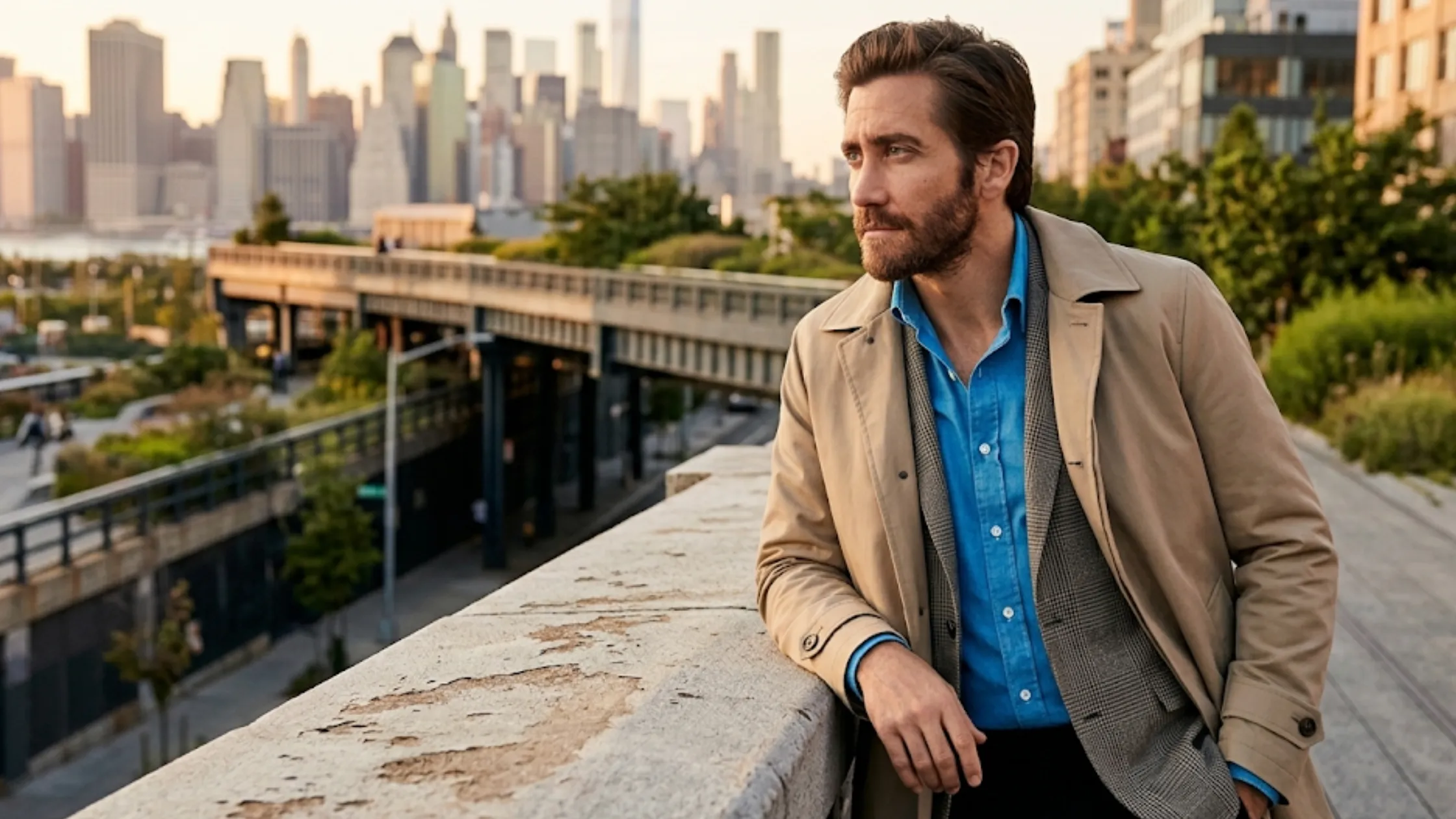Jake Gyllenhaal In The Grey green military-inspired coat with notch lapel collar and tailored long silhouette