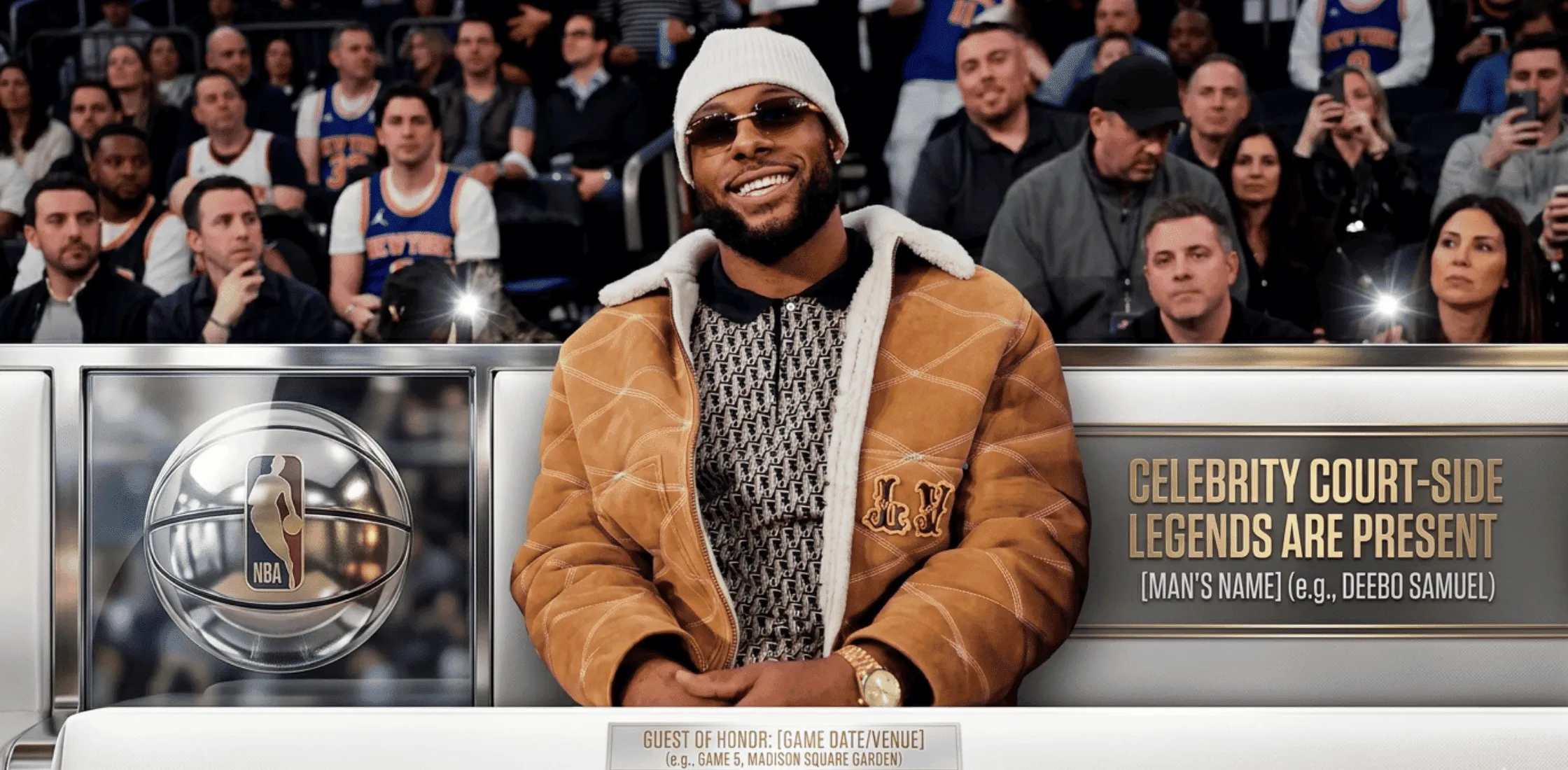 Kayvon Thibodeaux brown suede shearling jacket with cream shearling collar, quilted detailing, and chest patch logo worn in courtside winter style