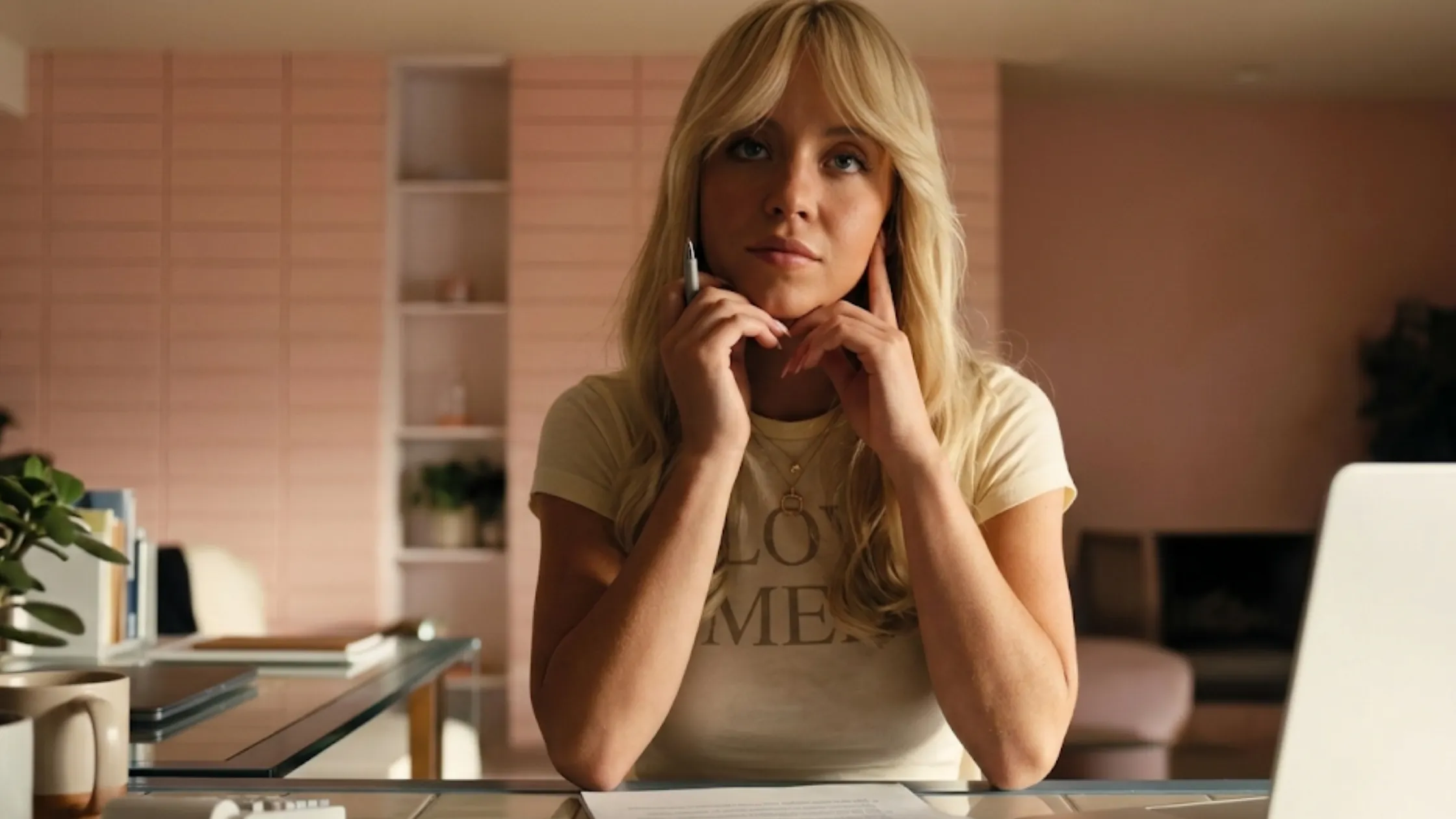 Sydney Sweeney I Love Men white ringer baby tee with serif typography graphic and contrast trim