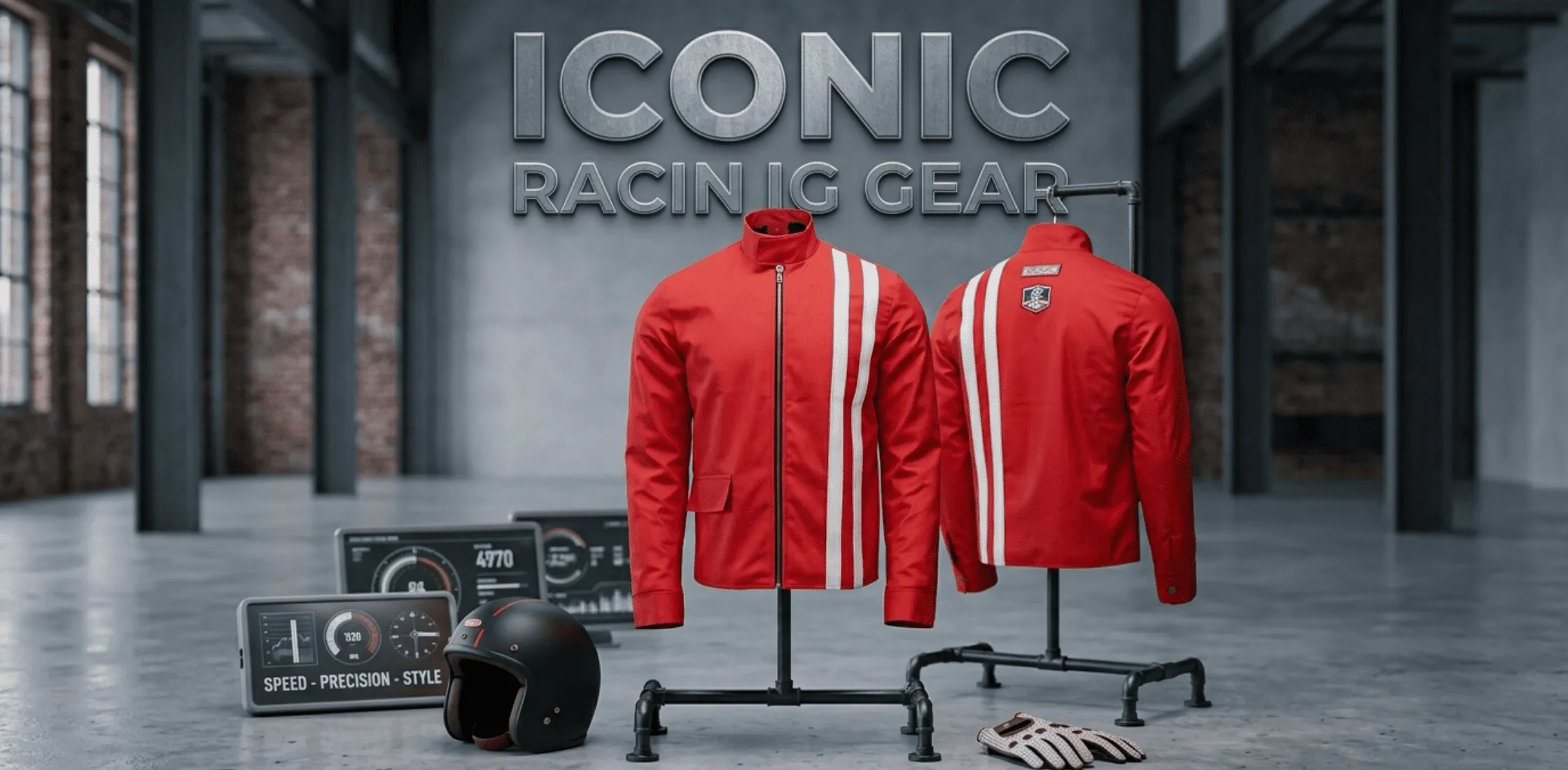 Elvis Presley Speedway red and white striped racing jacket inspired by Steve Grayson, featuring bold color blocking and retro motorsport style