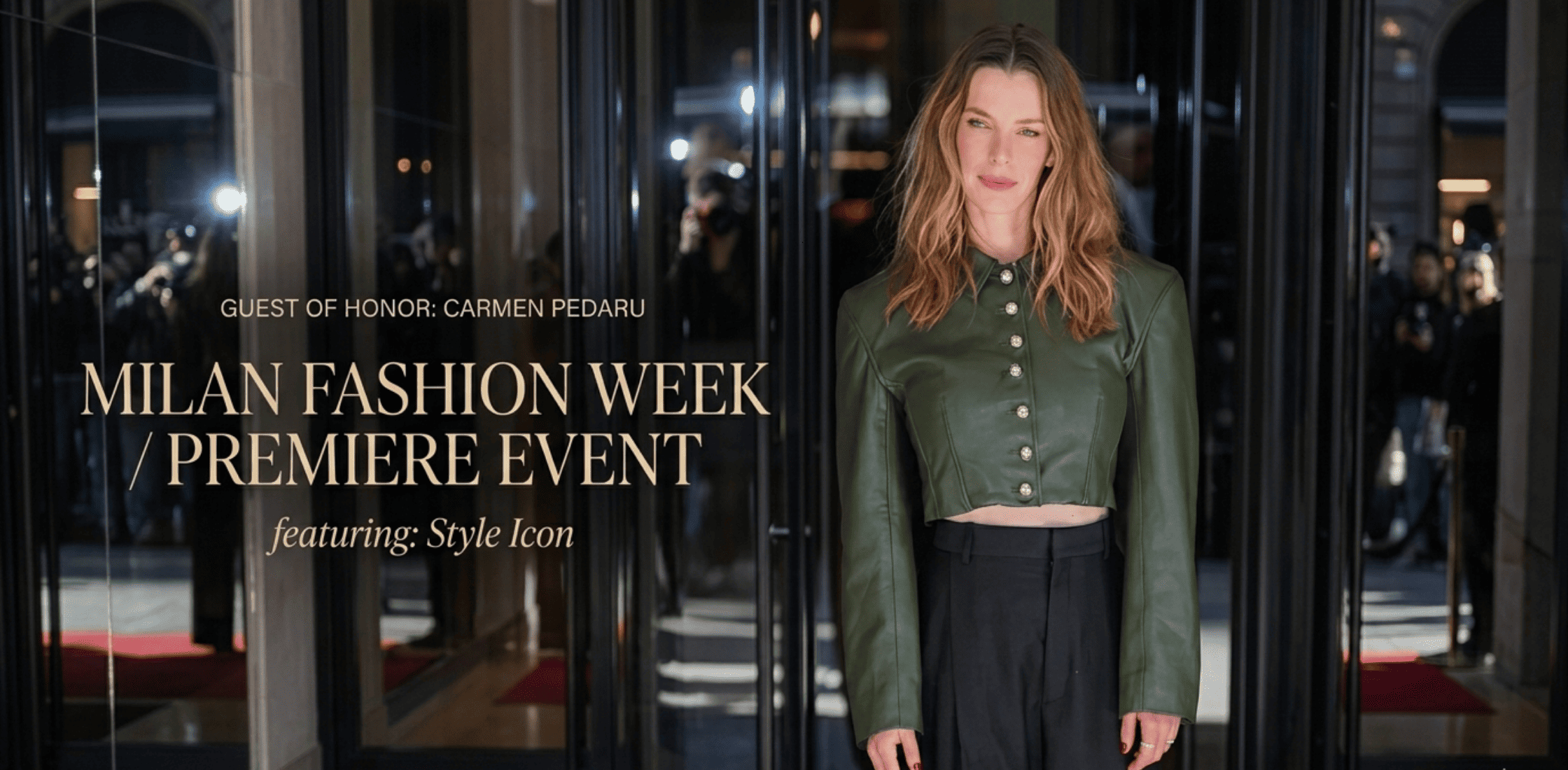 Betty Gilpin NYC 2026 green cropped leather jacket with puff shoulders, gold button front, and structured tailored silhouette street style look