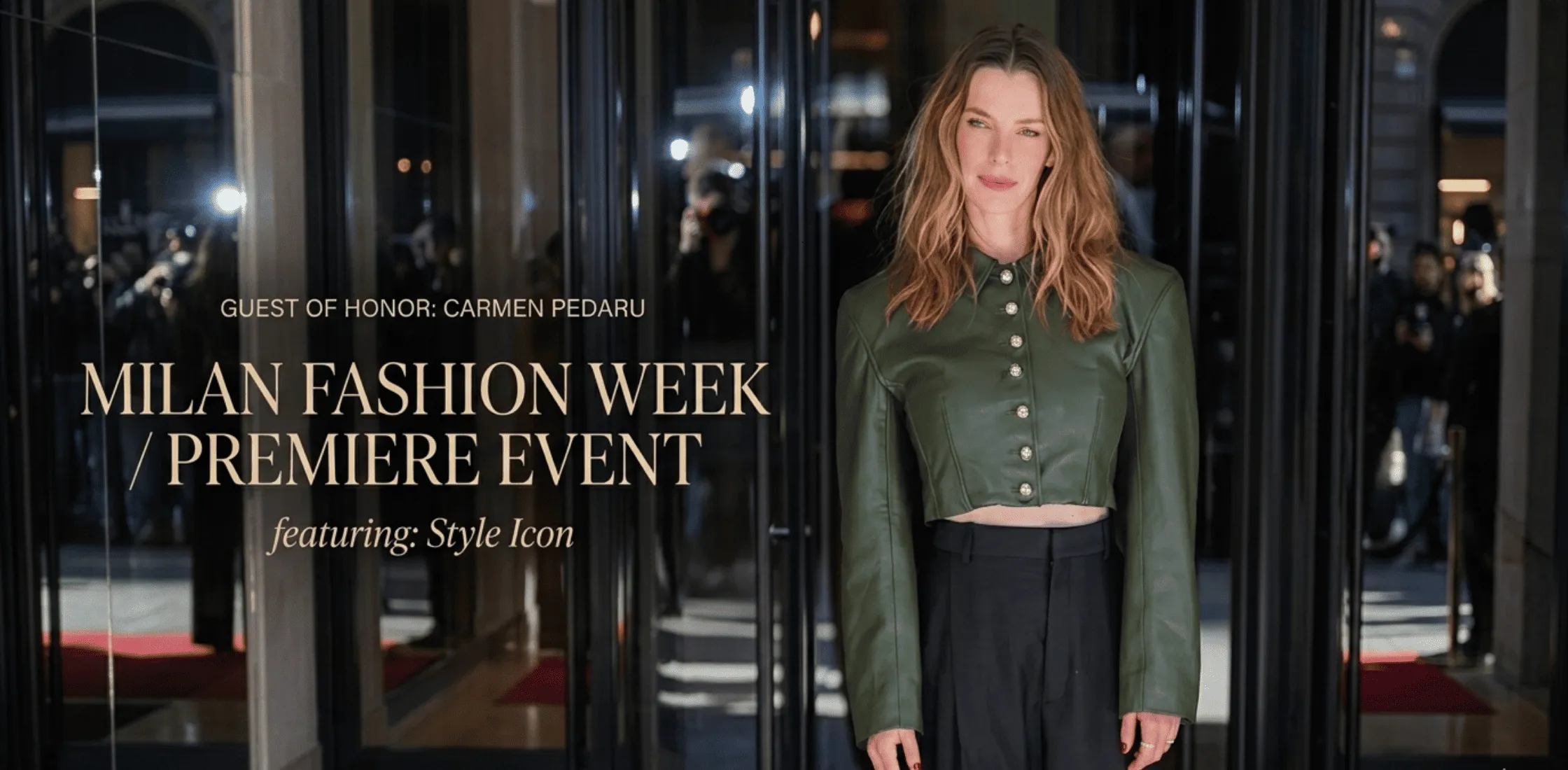 Betty Gilpin NYC 2026 green cropped leather jacket with puff shoulders, gold button front, and structured tailored silhouette street style look
