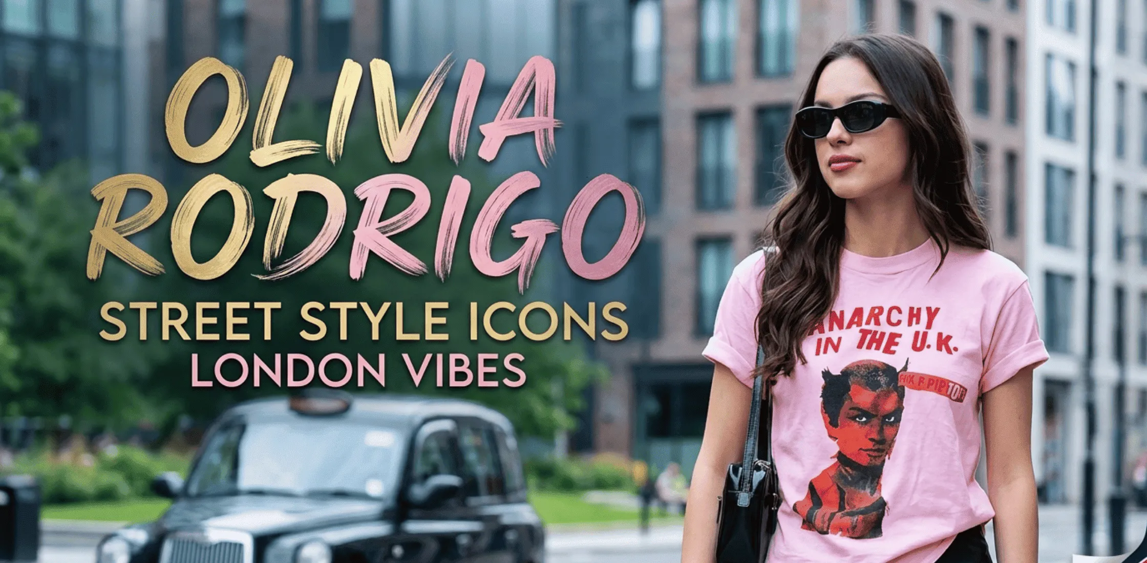Olivia Rodrigo pink graphic promo T-shirt featuring “Anarchy in the U.K.” print, styled with a black leather mini skirt and punk-inspired accessories