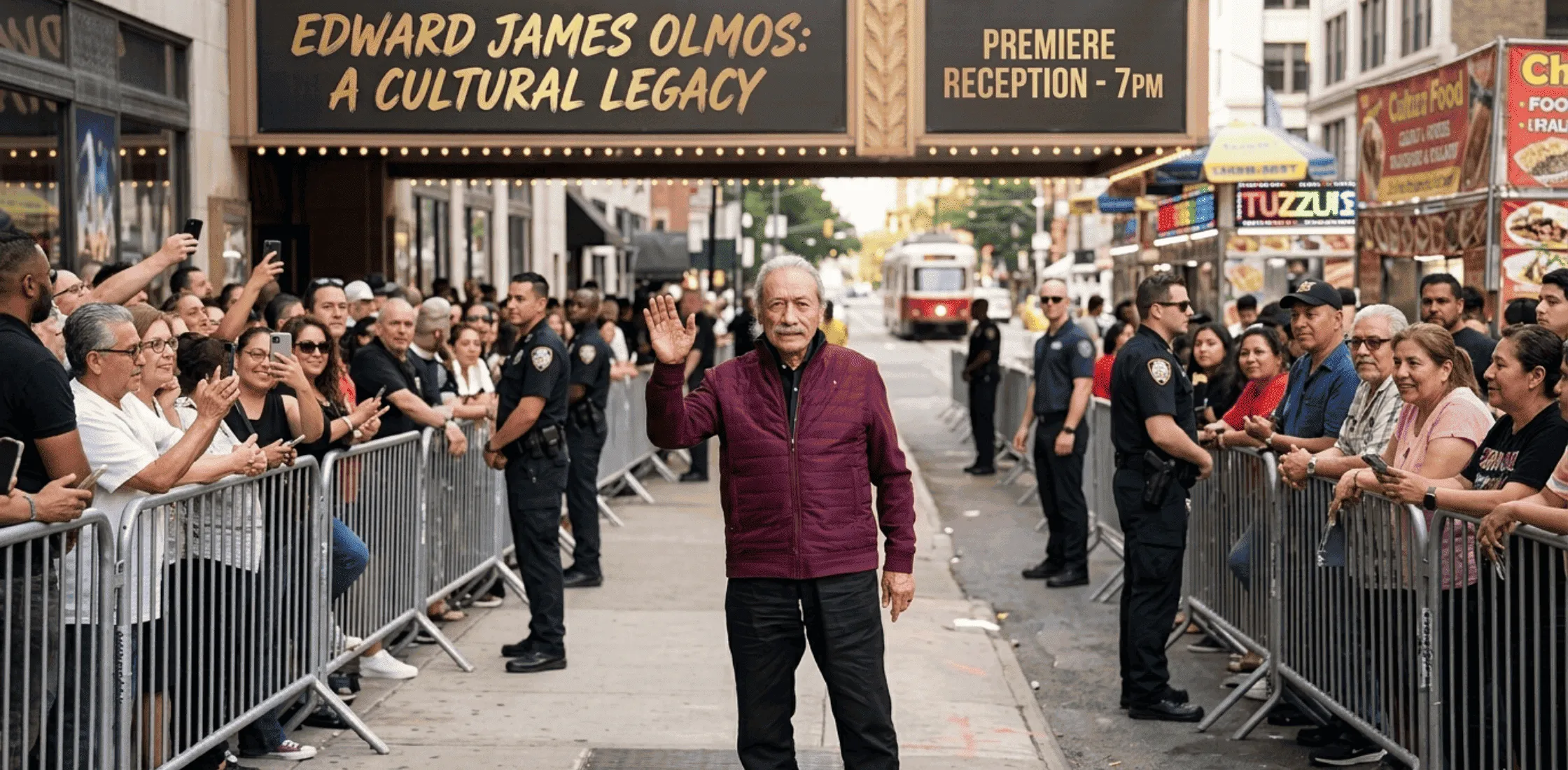 Edward James Olmos burgundy hybrid quilted jacket at the Office Romance New York Premiere 2026 featuring channel puffer front and modern tailored styling