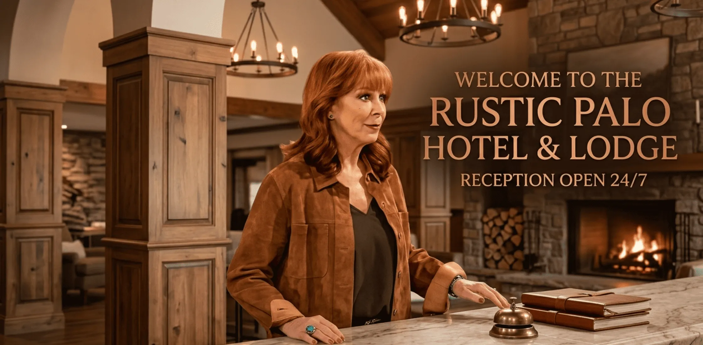 Reba McEntire Happy’s Place Season 2 brown suede shirt jacket with chest patch pockets, button-down front, and classic Americana styling