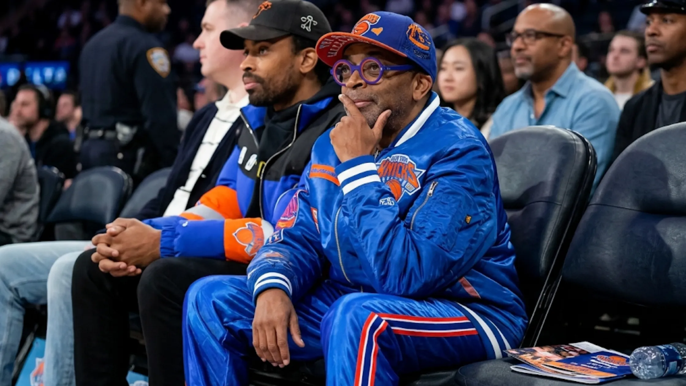 Spike Lee Emirates Cup Semifinals 2025 royal blue satin bomber jacket with Knicks logo patch and orange accents
