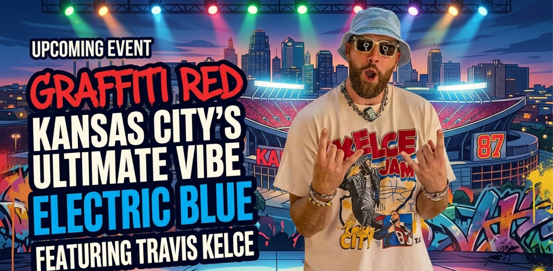 Travis Kelce Jam White T-Shirt with comic-style front graphic print and oversized festival streetwear design