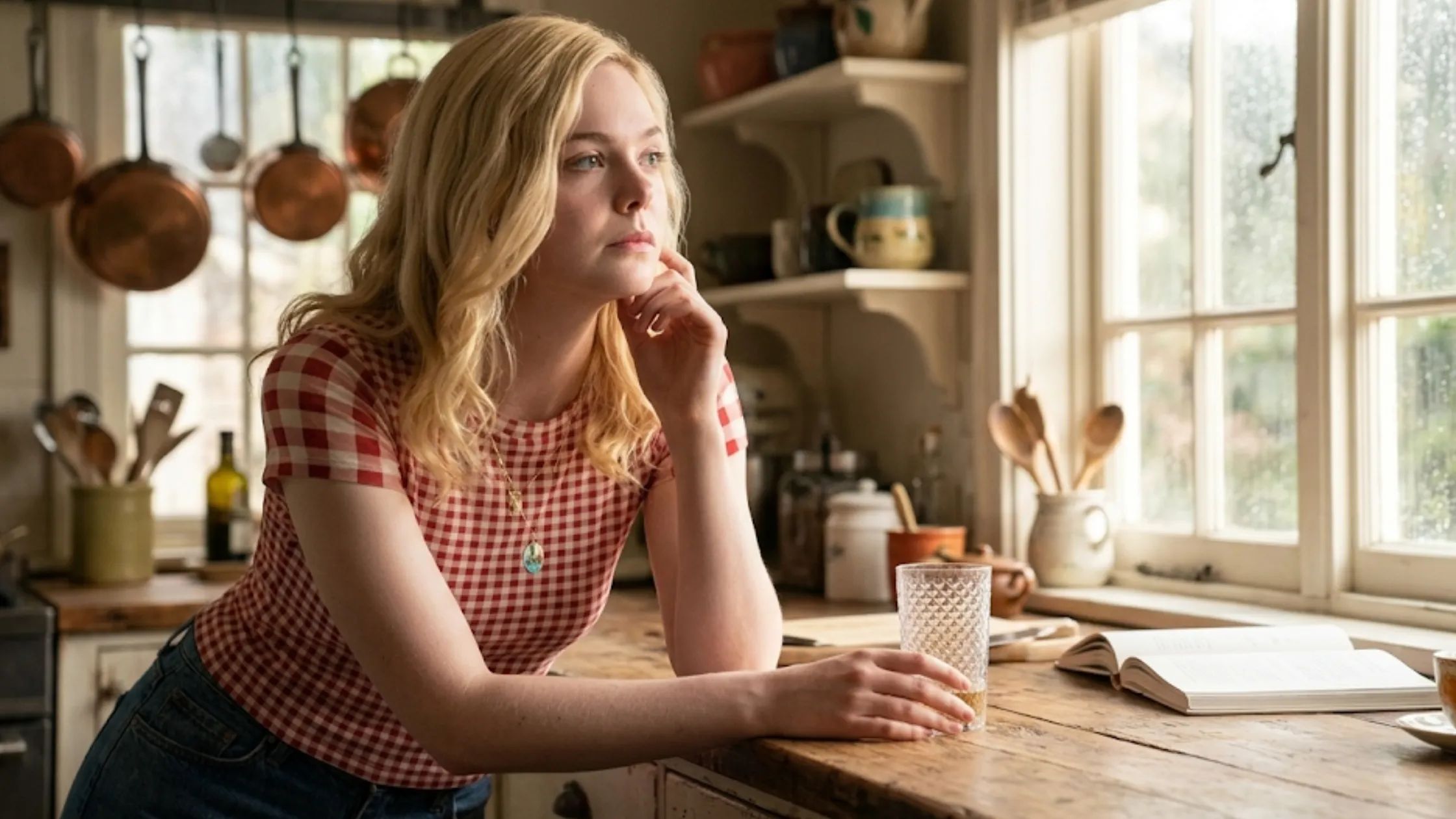Elle Fanning Margo's Got Money Troubles red and white gingham slim-fit cotton T-shirt