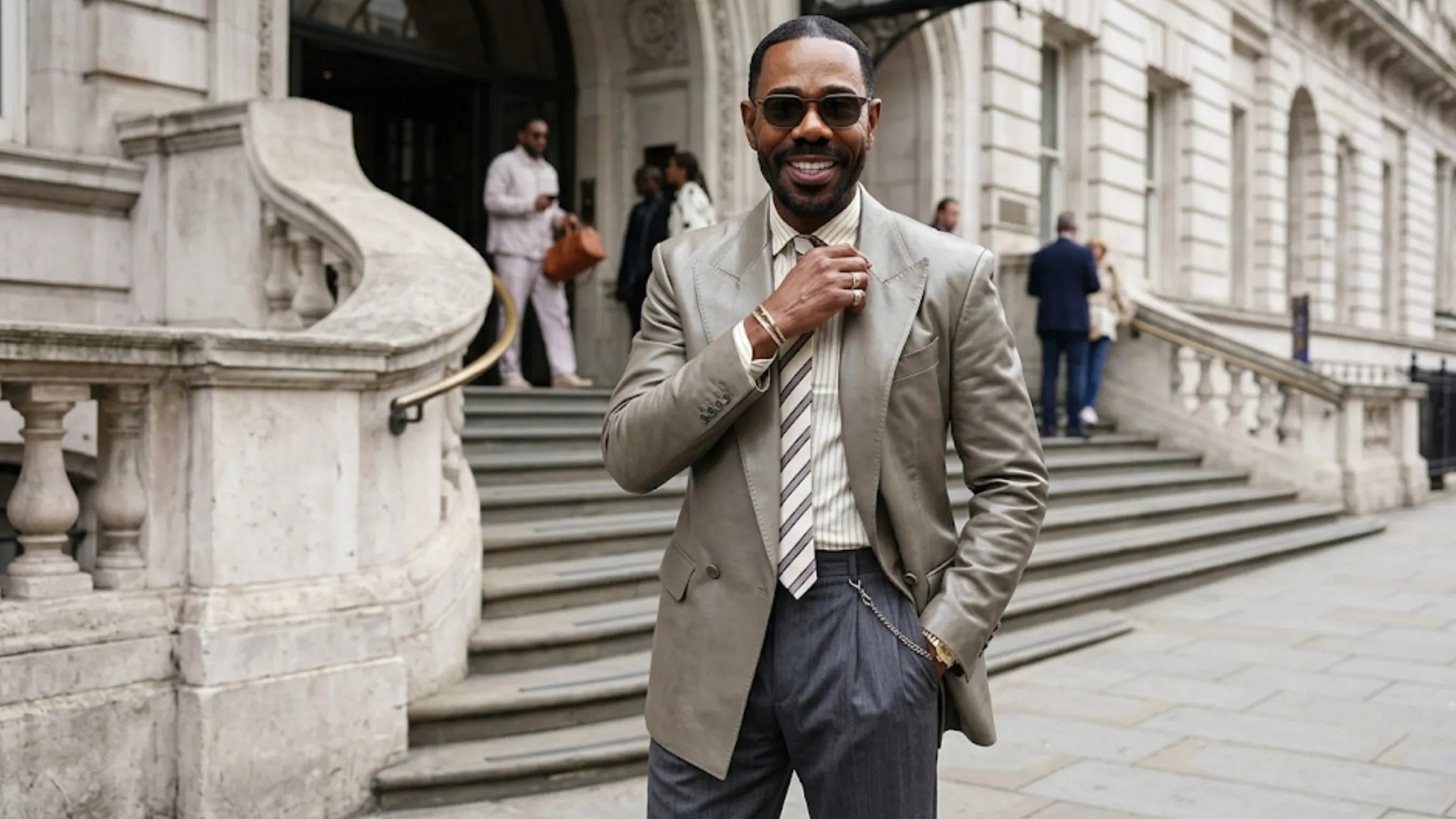 Colman Domingo Disclosure Day London 2026 grey double-breasted oversized blazer photocall look