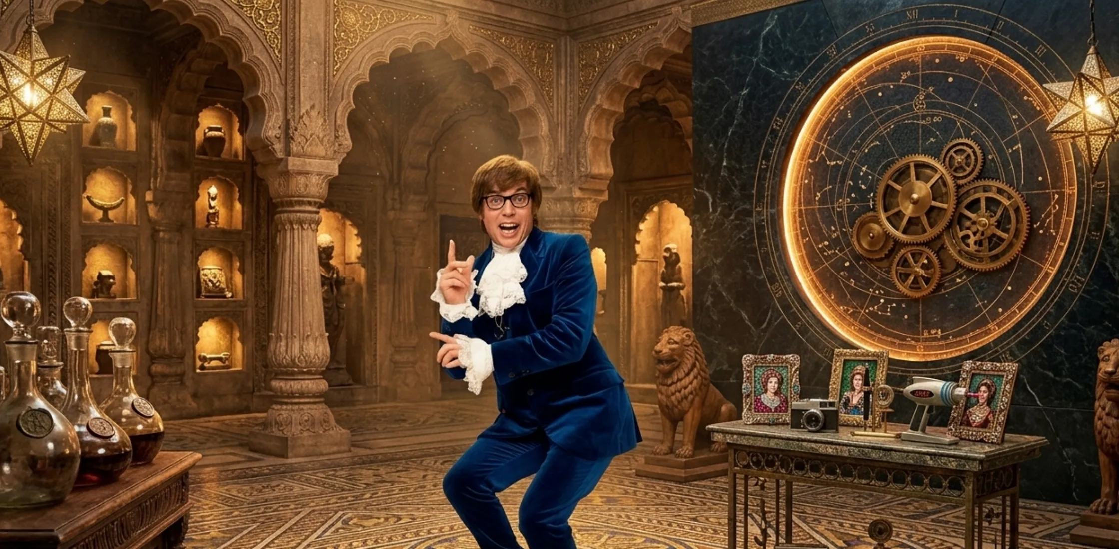 Austin Powers Blue Velvet Suit with slim-fit blazer, tailored trousers, lace cravat, and ruffled cuffs inspired by 1960s mod fashion