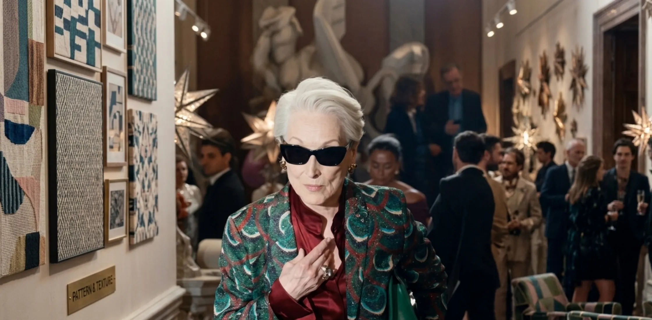 Meryl Streep as Miranda Priestly wearing a peacock jacquard tailored blazer in The Devil Wears Prada 2, featuring a single-breasted design, peak lapel collar, and elegant power-dressing style