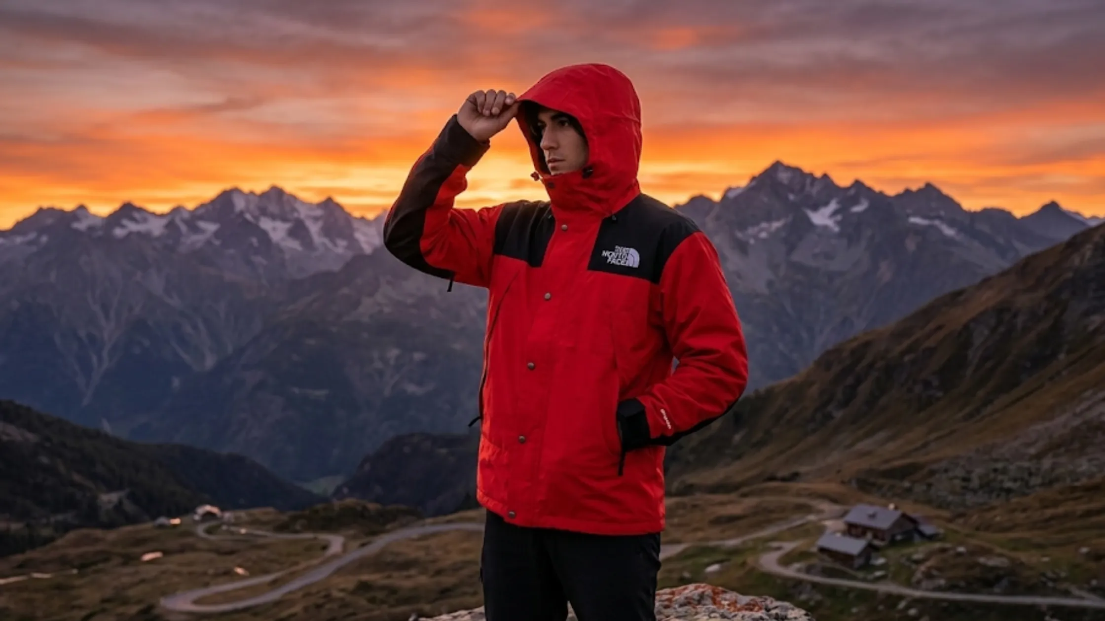 A back view of the red and black Pokémon x North Face mountain jacket featuring a large graphic print of Charizard.