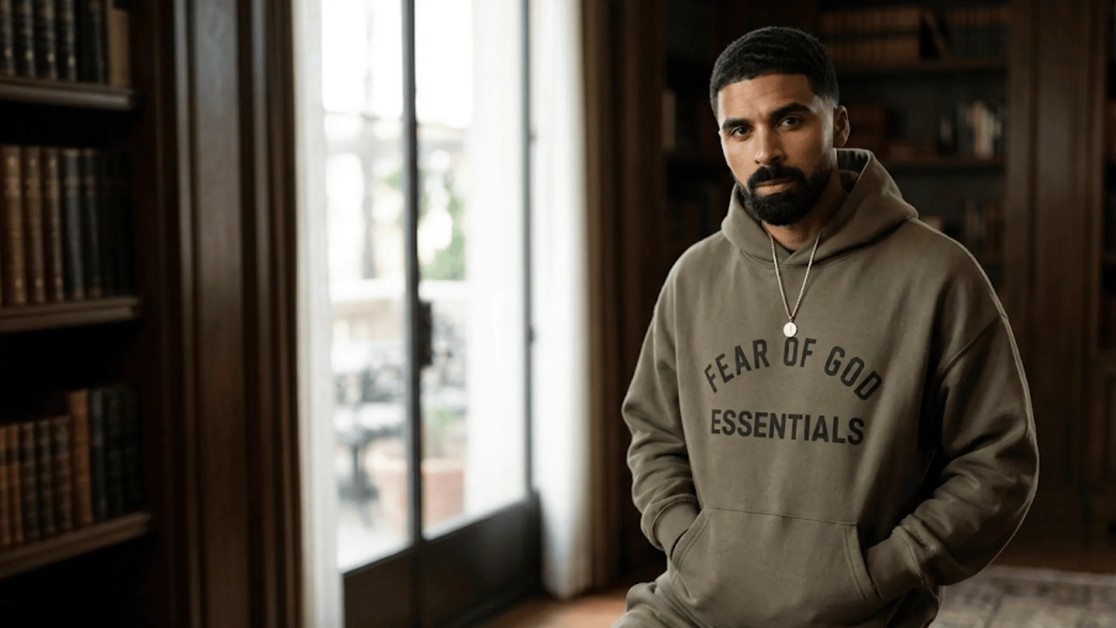 Isaiah Stiles Nemesis olive green oversized fleece pullover hoodie with minimalist dropped shoulders and ribbed cuffs.