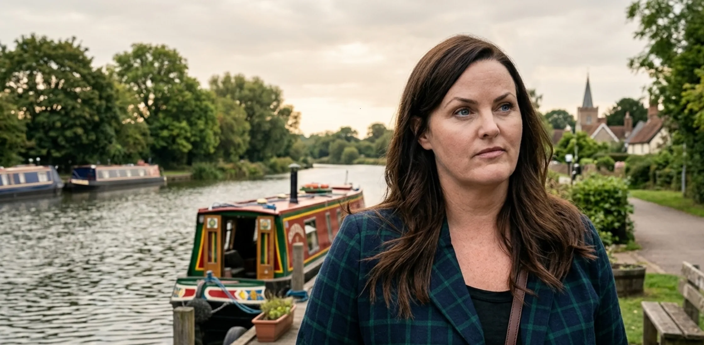 Jo Joyner wearing a Little Disasters Season 1 check blazer with deep teal navy base and green grid pattern in British drama style