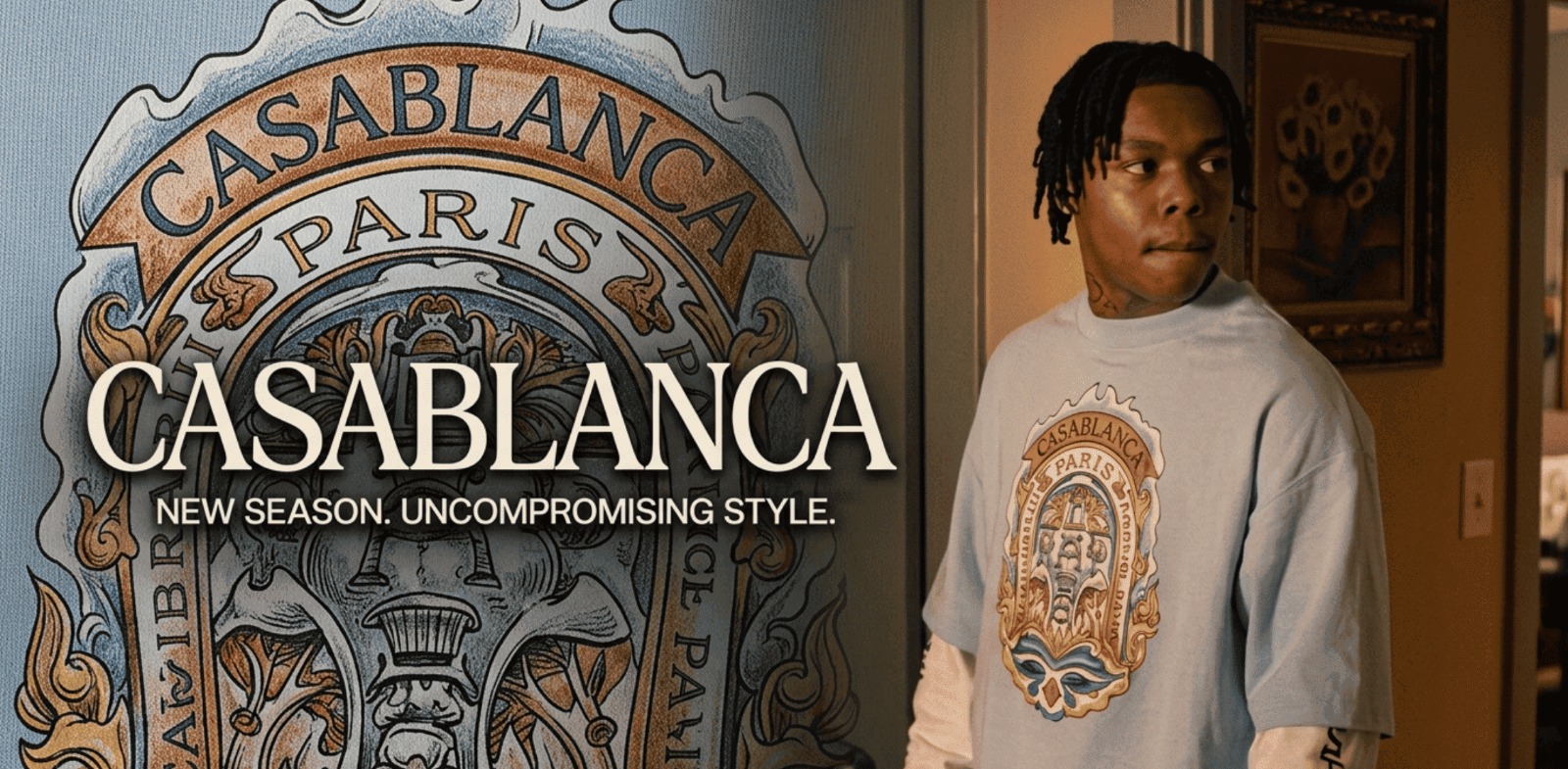 Nemesis S01 Cedric Joe double layer oversized T-shirt in light blue and white with Casablanca-inspired 1970s skate graphic print streetwear design