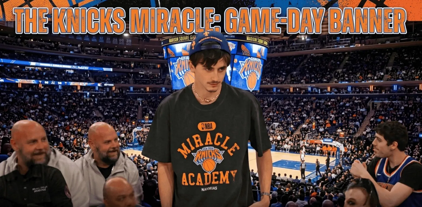 Timothée Chalamet MSG NYC Knicks graphic shirt in orange and grey featuring Nahmias collaboration NBA-inspired courtside streetwear design