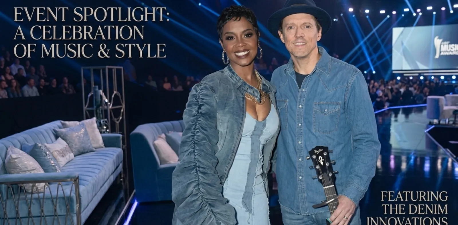 Keyla Richardson American Idol S24 indigo denim trench coat with ruched statement sleeves, deconstructed zip and buckle collar stage-inspired fashion look