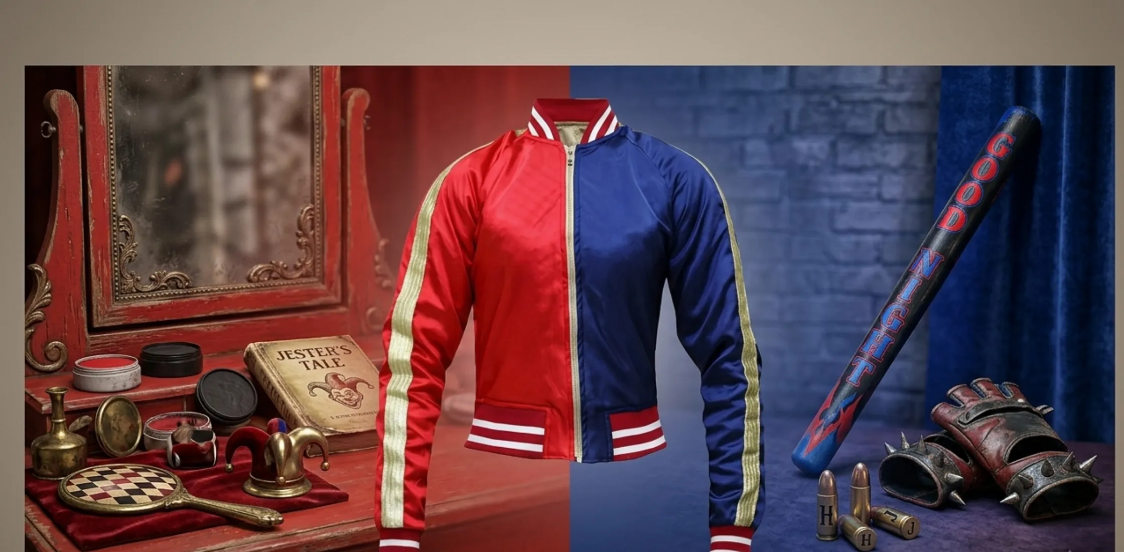 Suicide Squad Harley Quinn red and blue satin jacket for men with metallic stripes and bomber style streetwear design