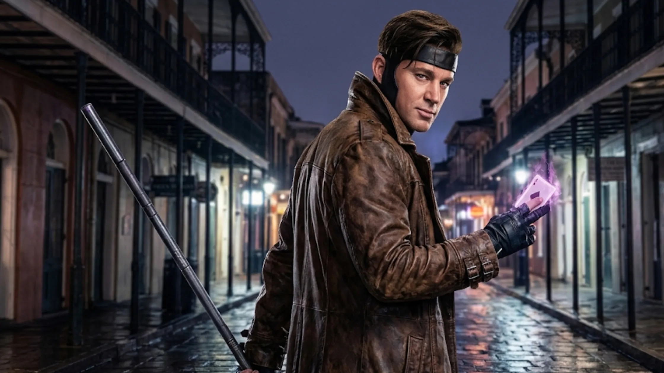 Avengers Doomsday 2026 Remy LeBeau distressed brown leather trench coat with quilted lapel and button front closure