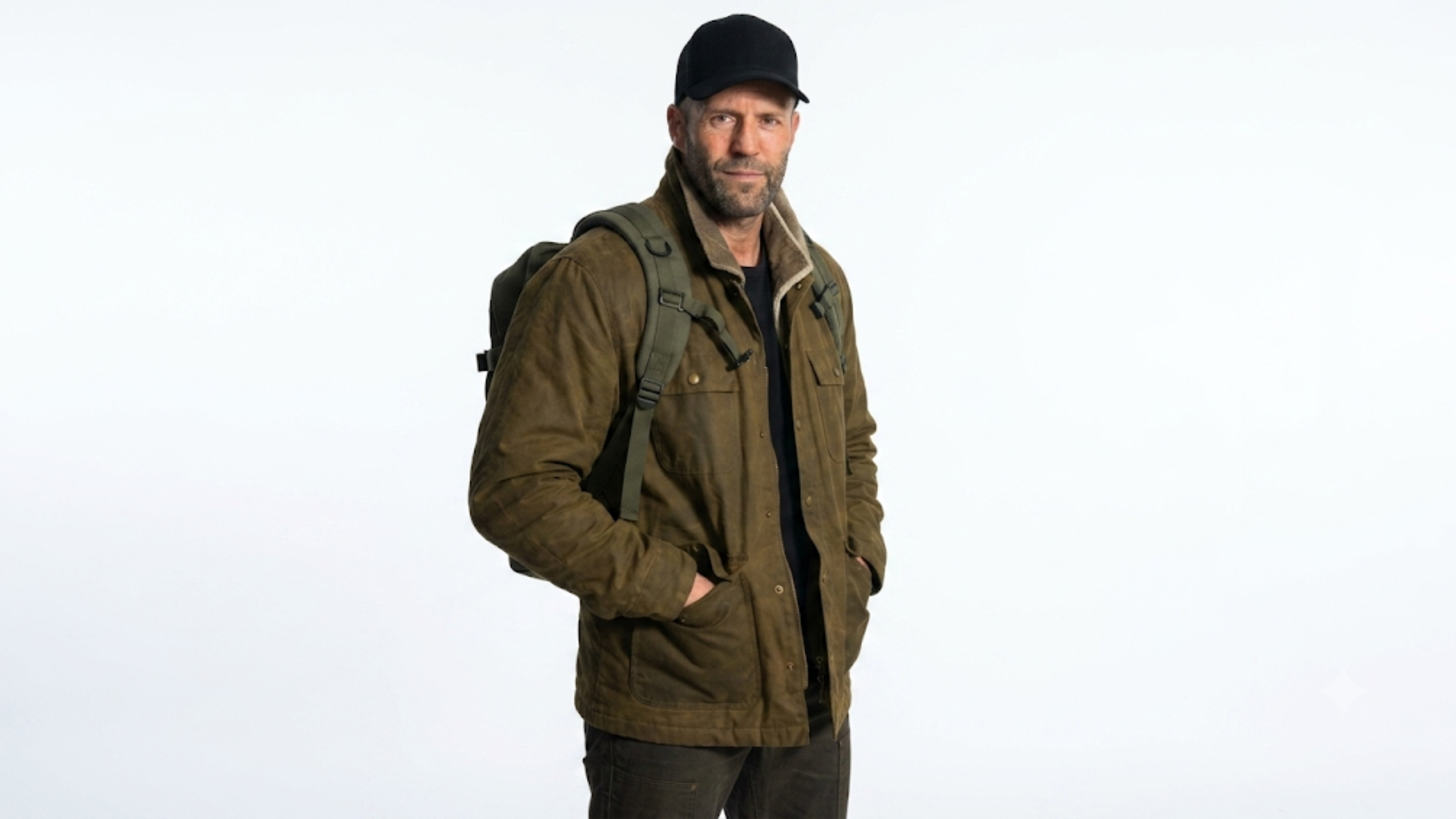 Jason Statham Mutiny 2026 dark olive green waxed cotton field jacket with corduroy collar and four-pocket utility design