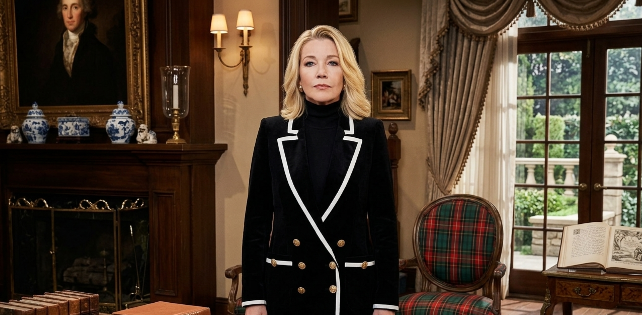 Nikki Newman 2026 black knit blazer with white contrast trim and gold buttons from The Young and the Restless