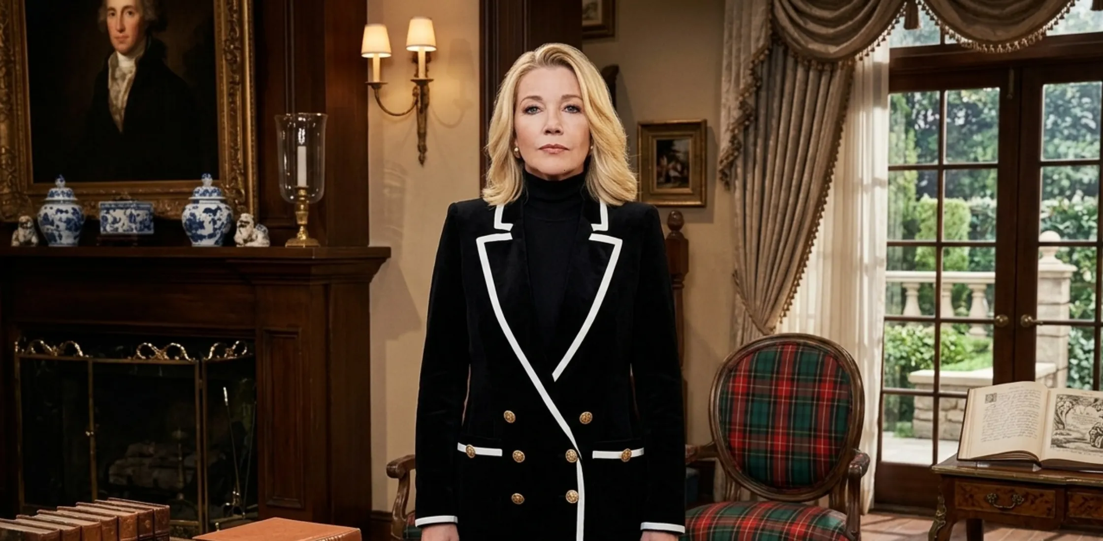 Nikki Newman 2026 black knit blazer with white contrast trim and gold buttons from The Young and the Restless