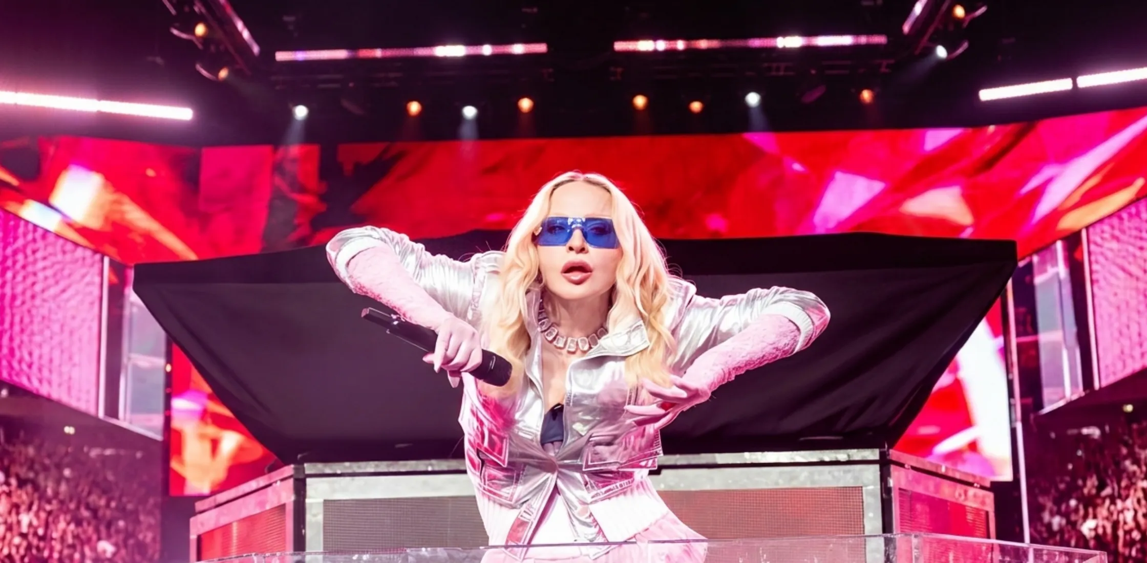 Madonna 2026 Times Square surprise performance silver cropped bomber jacket metallic stage outfit New York City