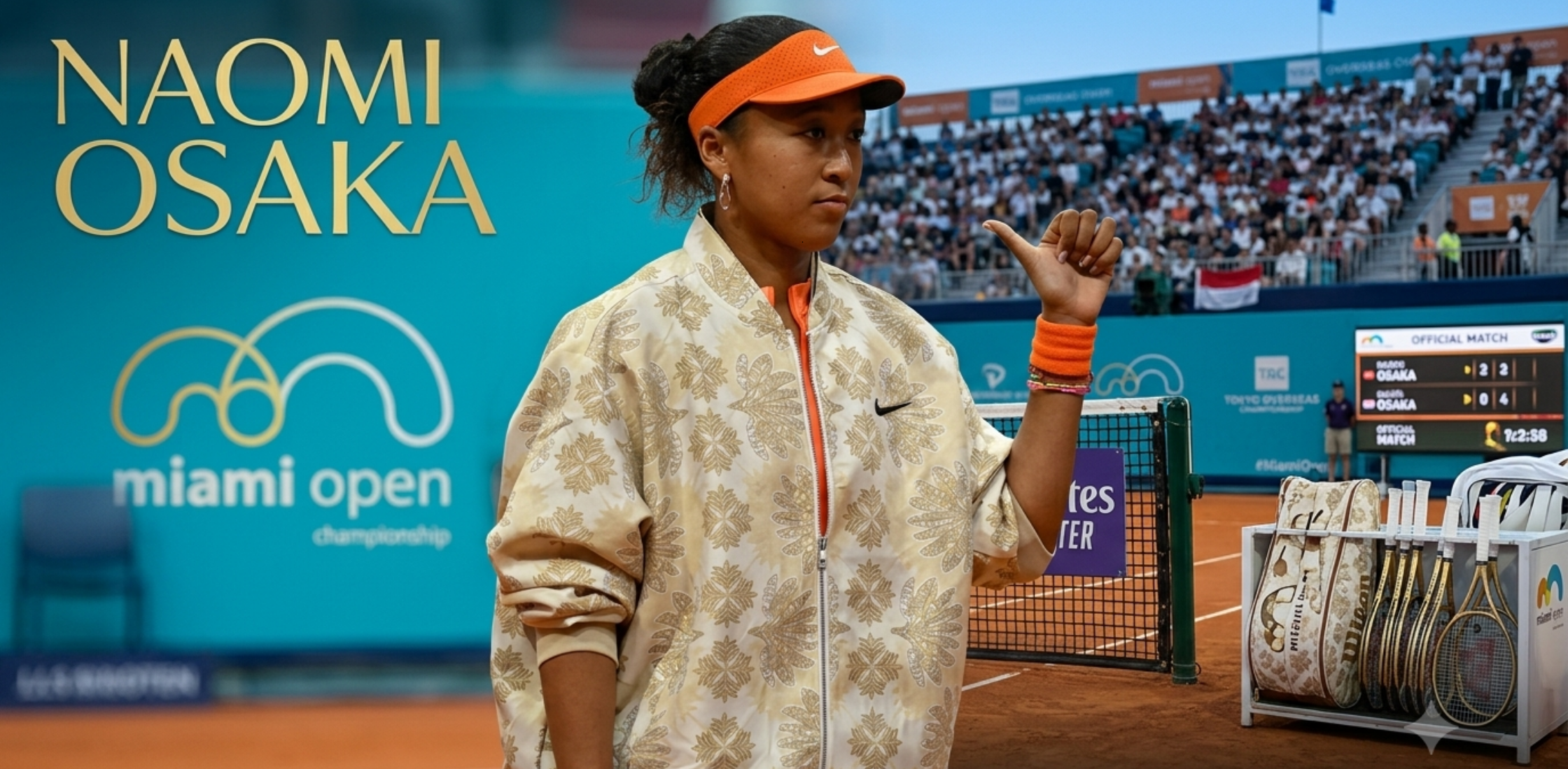 Naomi Osaka Madrid Open 2026 cream bomber jacket with gold kaleidoscopic patterns and neon accents blending tennis performance and streetwear style