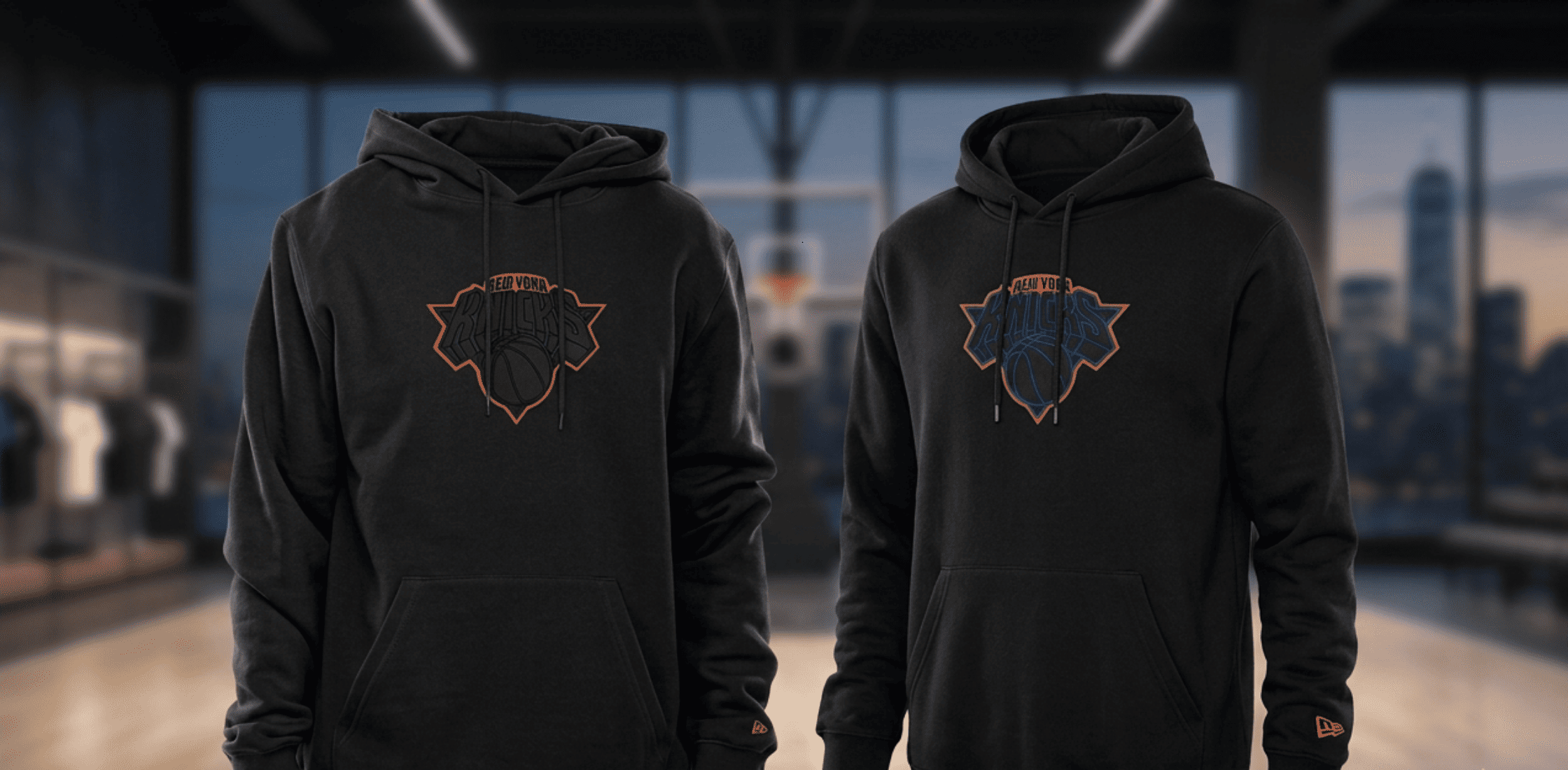 New York Knicks Black Pullover Hoodie with tonal logo, orange “NEW YORK” embroidery, and modern streetwear design