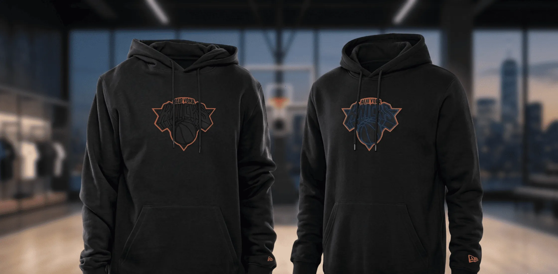 New York Knicks Black Pullover Hoodie with tonal logo, orange “NEW YORK” embroidery, and modern streetwear design