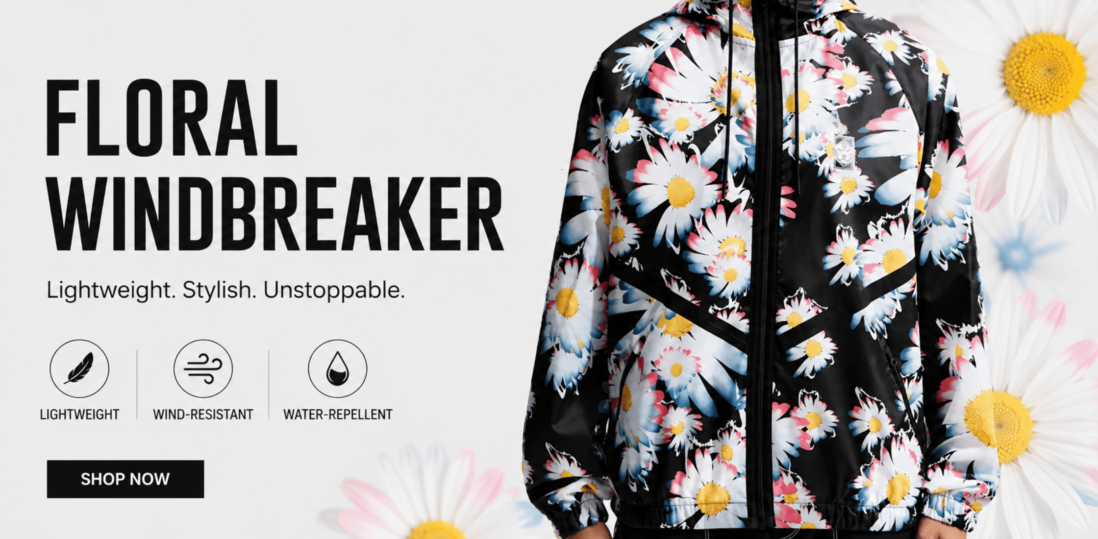 FIFA World Cup 2026 South Korea Anthem Jacket with black floral print, multicolor daisy design, hooded windbreaker style